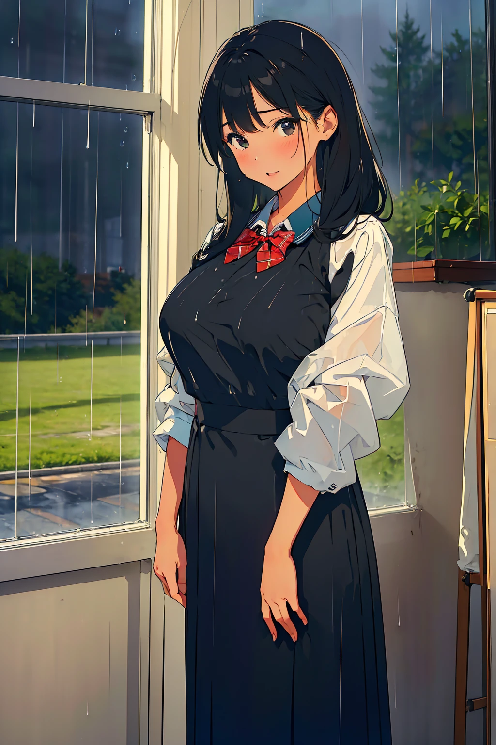 (masterpiece:1.6), 8K, (best quality:1.6), (ultra high res1.2), perfect proportion, (dark hair:1), (black hair:1), (black eyes:1.1), (beautiful Busty breasts:1.5), (beautiful girl:1.4), 18age, a girl, a beautiful girl, (medium bob hair:1.2), a sexy mole around the mouth, open mouth, (aroused:1.3), (embarrassed:1.3), blush, (Raincoat:1.1), (Sheer uniform), Black Bra, (school uniform, see-through shirt), a red Checked bow tie, full body, Morning school hours, ((rain, rain降り:1.3)), Rain coat, Raincoatを羽織って, 