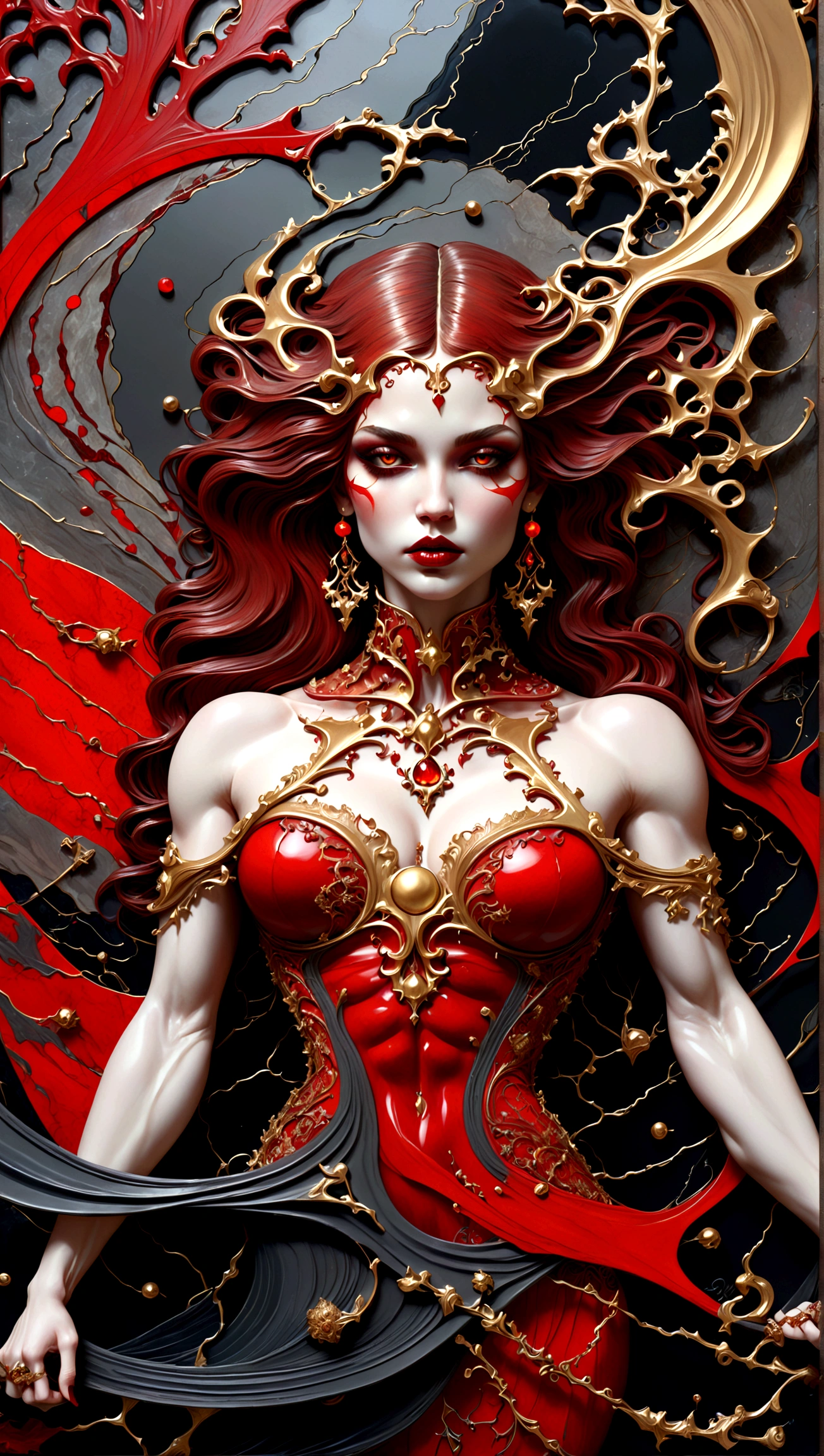 a beautiful illustration of a very muscular vampire girl in an abstract marble texture with a tarot style frame, with colors of obsidian black, shiny gold, and ruby red, highly detailed, intricate design, BY Anne Bachelier,