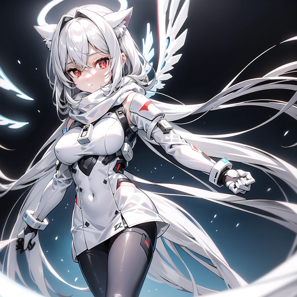 masterpiece, highest quality, highest resolution, clear_image, detailed details, White hair, long hair, cat ears, 1 girl, red eyes, white pantyhose, sci-fi military clothing, white scarf (white scarf around the neckwith a light blue glow), gray futuristic halo (gray halo over the head), white wings (4 wings), cute, fulld body, no water marks, outer space