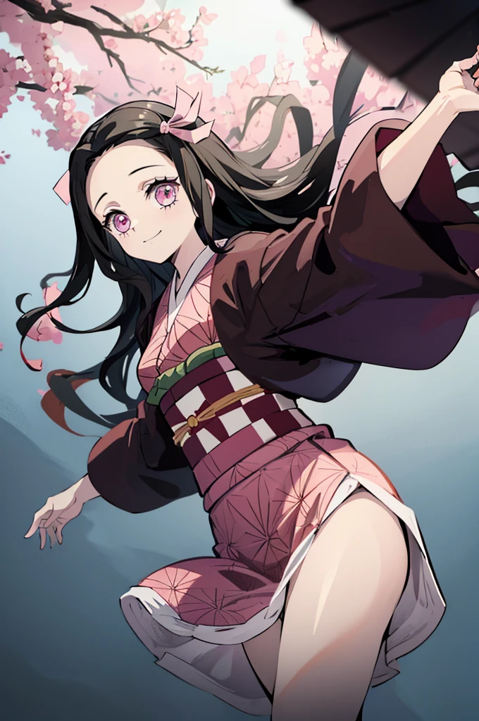 (masterpiece:1.3), (best quality:1.1), (8k, ultra detailed, ultra high res:1.2), ((anime style)), perfect 5 fingers, perfect anatomy, 
1girl,
Kamado Nezuko, 
BREAK long hair, wavy hair,  
black hair, 
pink eyes, 
ribbon, 
small breasts,  
BREAK japanese clothes, pink kimono, brown haori, obi, 
smile, 
looking at viewer, 
cowboy shot, 
perfect light, 