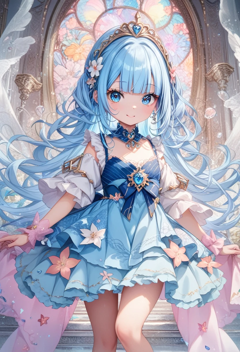 obra maestra, mejor calidad, extremadamente detallado, (ilustración, arte oficial:1.1),adorable loli face、 1 chica ,(((( light blue pelo largo)))),pelo azul pálido,, pelo largo ((rubor)) , cara linda, ojos grandes, obra maestra, mejor calidad,(((((una chica muy delicada y hermosa))))),Asombroso,hermosos ojos detallados,flequillo contundente((((niña delicada)))),marioneta(verdadera hermosa:1.2), sentido de profundidad,ángulo dinámico,,,, sonrisa cariñosa, (verdadera hermosa:1.2),,(pequeña modelo 1girl:1.2),)pecho plano、kim soo, Realista, Gotas de rocío con flores de vidrio, Flor de vidrio transparente, Flor de vidrio transparente, Realistaally Expressing Flowers, Sol resplandeciente, Una flor simboliza una belleza impresionante, Centrado en la composición perfecta, Detalles complejos que muestran elementos únicos y encantadores, pintura digital muy detallada, proporción áurea, iluminación dramática, Very Realista, por Soja
