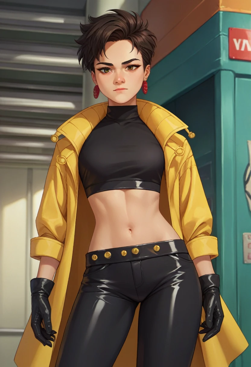 score_9, score_8_up, score_7_up, source_anime, 1girl, solo, looking at viewer, clamJBLee97, cJsunglasses, yellow coat, black gloves, black bodysuit, ((midriff)), ((navel)), ((crop top)), ((bare midriff)), earrings 