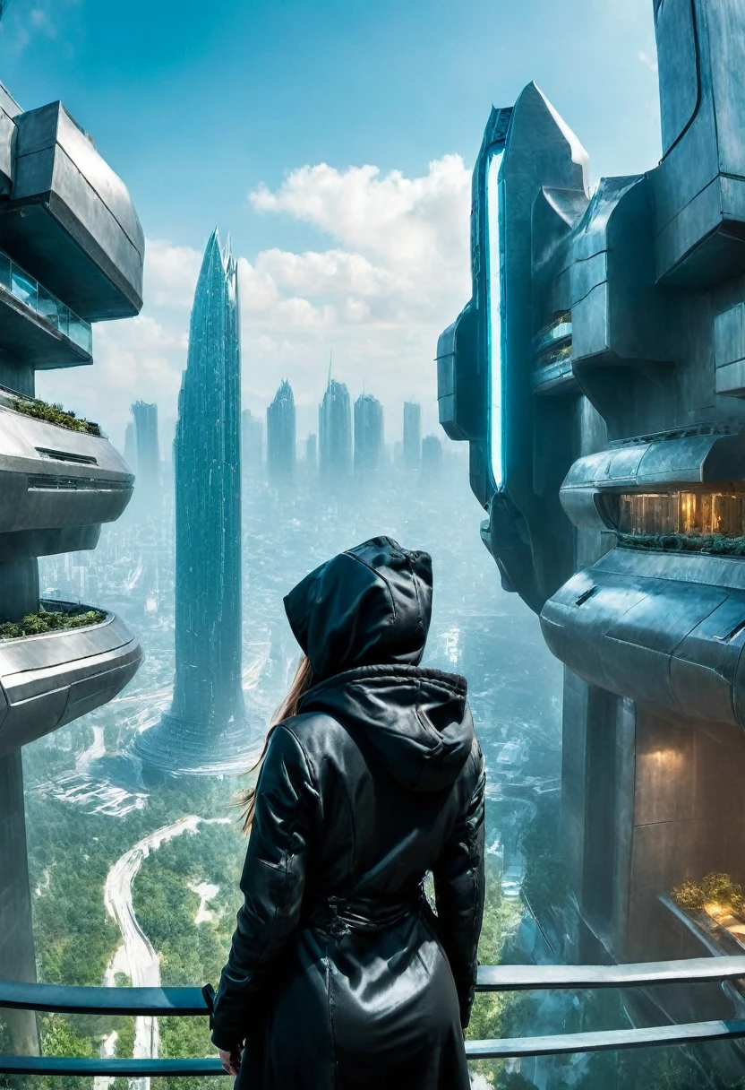 image taken from behind the shoulder of a girl with her back turned and DRESSED IN A HOOD from the balcony of a beautiful, futuristic building, She is looking at an aerial view of an ultrafuturistic North American megalopolis, She&#39;s pointing her finger at the buildings, view of the whole city with many beautiful metallic futuristic buildings and houses in dark colors, from dark blue to black, the city has shades of metal gray, has smoky metal structures , industrial environment with smoke and fog around, dark cars on the streets, desert megalopolis, beautiful gardens with people around the buildings, Modern metal rails and trains passing through the city streets, tall futuristic metal buildings, many ultramodern buildings around, , as realistic as possible, as detailed as possible, Science fiction
