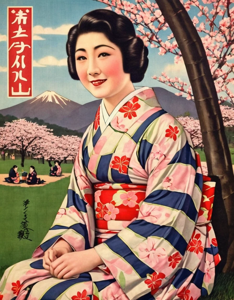 Highest quality、masterpiece、Retro image of a Japanese poster from the 1930s、One young woman、Kimono with geometric pattern、Sitting on a picnic seat outside admiring the cherry blossoms、Close-up