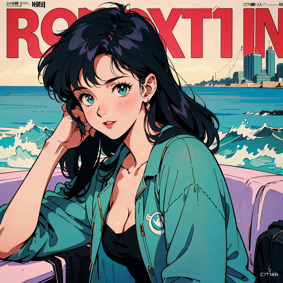 Best image quality, 1980s style animation, 21 year old girl, black hair, Permed hair, bright eyes,  Pretty Eyes, eye line, retro, Summer Clothes, magazine cover, whole body , city , evening in the park, posing, So sexy, so pretty. 짙은 eye line, ocean, Ocean, Summer Vacation