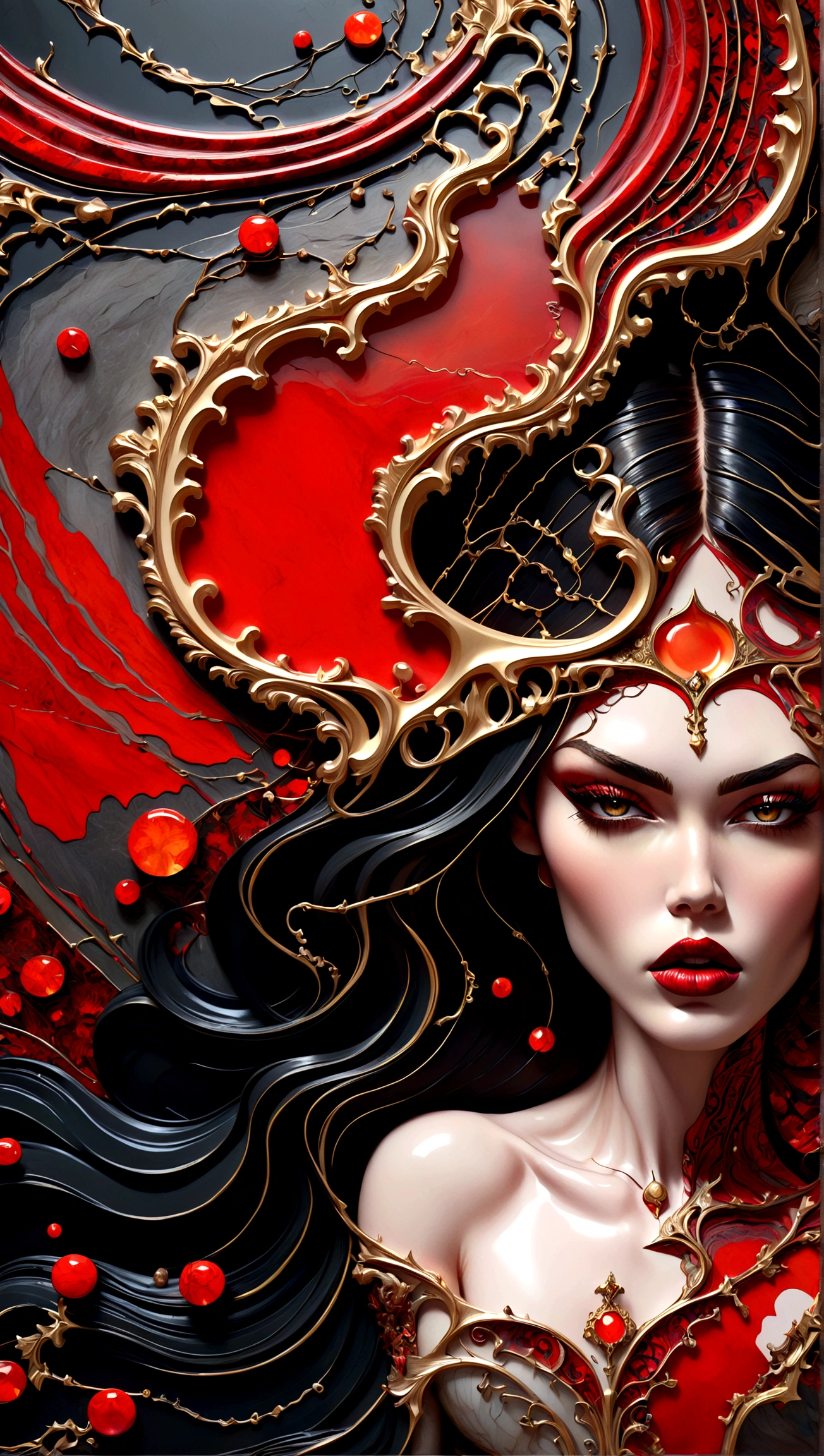 a beautiful illustration of megan fox as a very muscular vampire girl in an abstract marble texture with a tarot style frame, with colors of obsidian black, shiny gold, and ruby red, highly detailed, intricate design, BY Anne Bachelier,