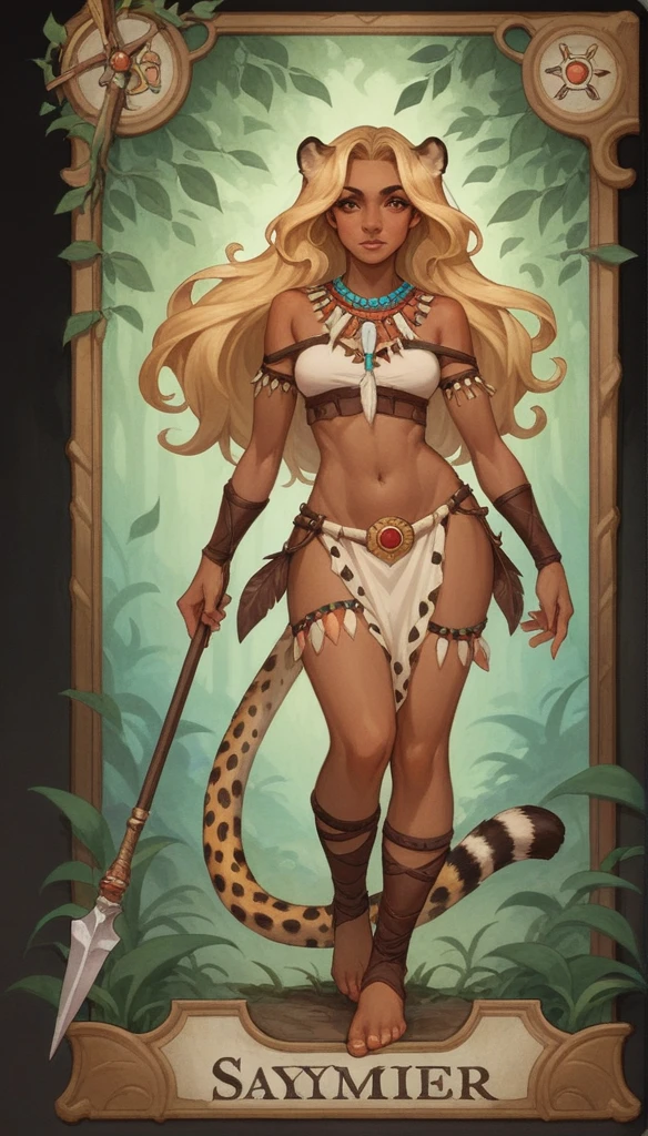 score_9, score_8_up, score_7_up, score_6_up, score_5_up, score_4_up, 
female, (cheetah:1.2), animal ears, holding spear in hands, long hair, dark_skin, dark_skinned_female, blonde hair, brown eyes, eyelashes, frills, tribal outfit,
Full body standing painting, (((solo))), Simple line design, ((tarot card background, symmetric beauty)), perfectly symmetrical, The art of symmetry, Standing drawings of characters, ((flatcolors)), tmasterpiecetop Qualities qualtiy