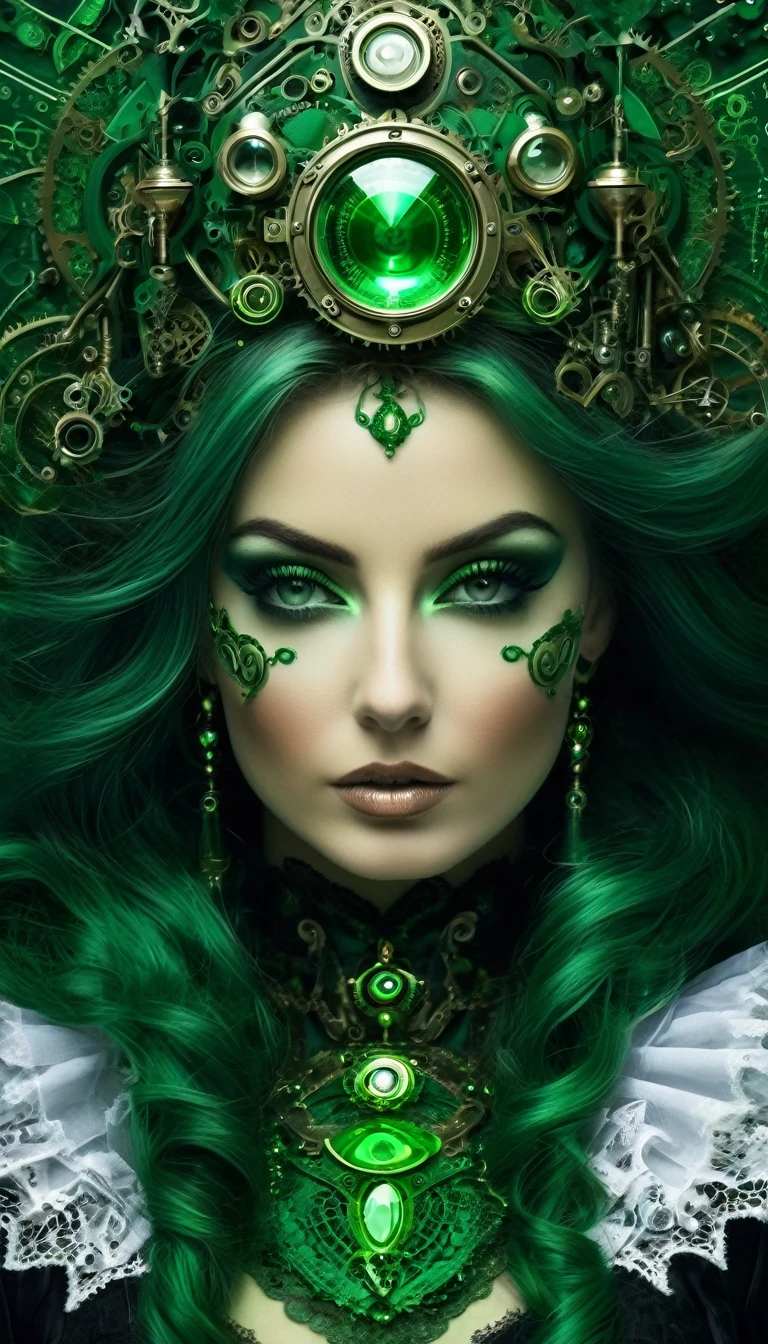 (((par le bas:1.35))), Un portrait hyperréaliste d'une sublime femme royale heureuse et rayonnante,(haute technologie), femme aux cheveux_vert sombre foncé très_Long, ((cheveux vert foncé électrique)), portant une robe en dentelle blanche avec des accessoires steampunk, situé dans une pièce de style victorien avec des éléments mécaniques, seins volumineux, poitrine push-up , regard intense et sensuel , corps élancé,  pose dynamique 