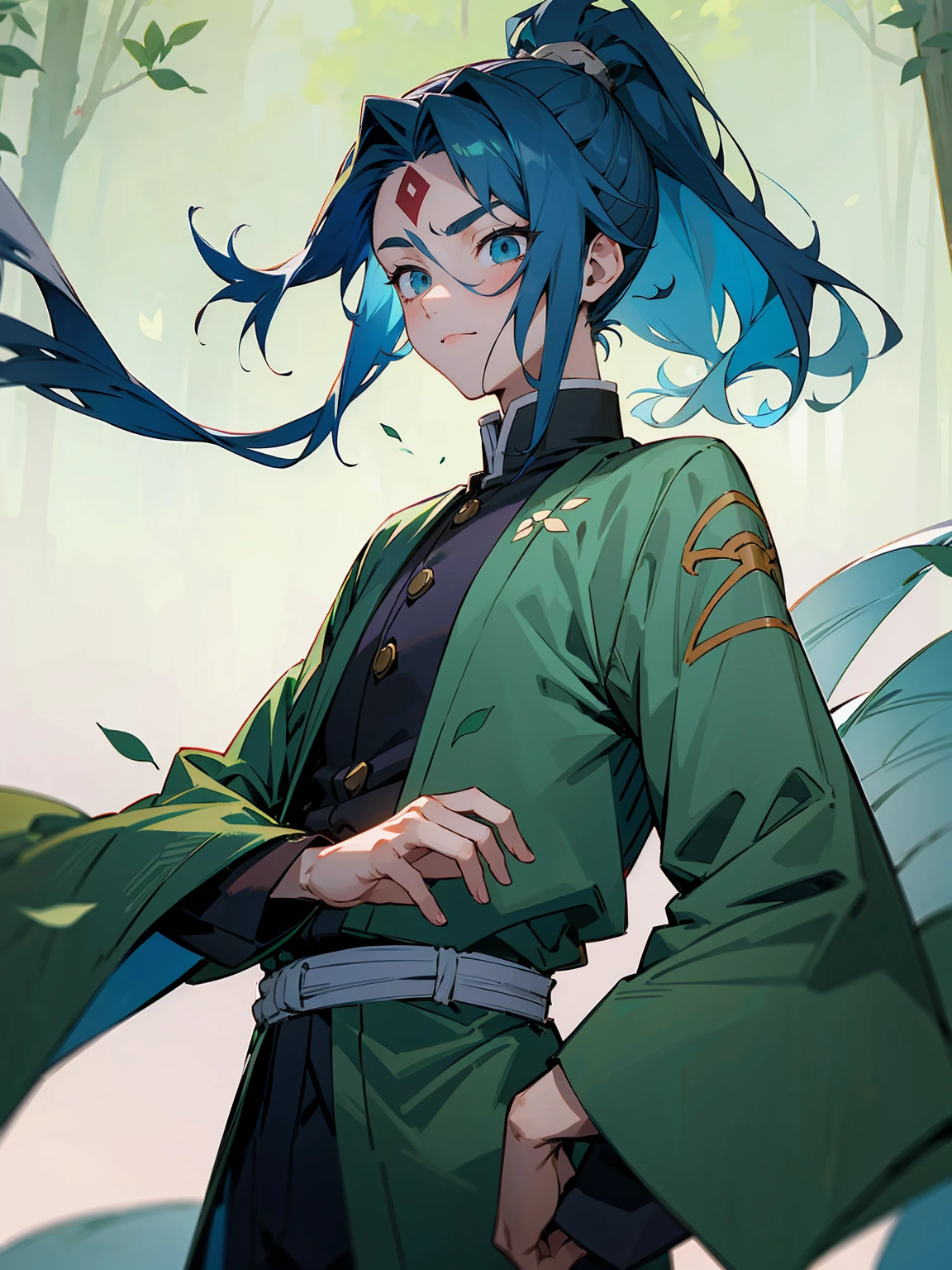 1male, Adult, Deep Blue Hair, Medium Length Hair, White Inner Hair, Ponytail, Haori With Leaves On It, Green Face Mark, Forest Background, Standing in Forest, Demon Slayer Uniform