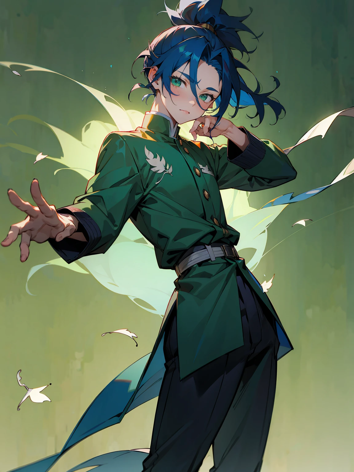 1male, Adult, Deep Blue Hair, Medium Length Hair, White Inner Hair, Ponytail, Haori With Leaves On It, Green Face Mark, Forest Background, Standing in Forest, Demon Slayer Uniform