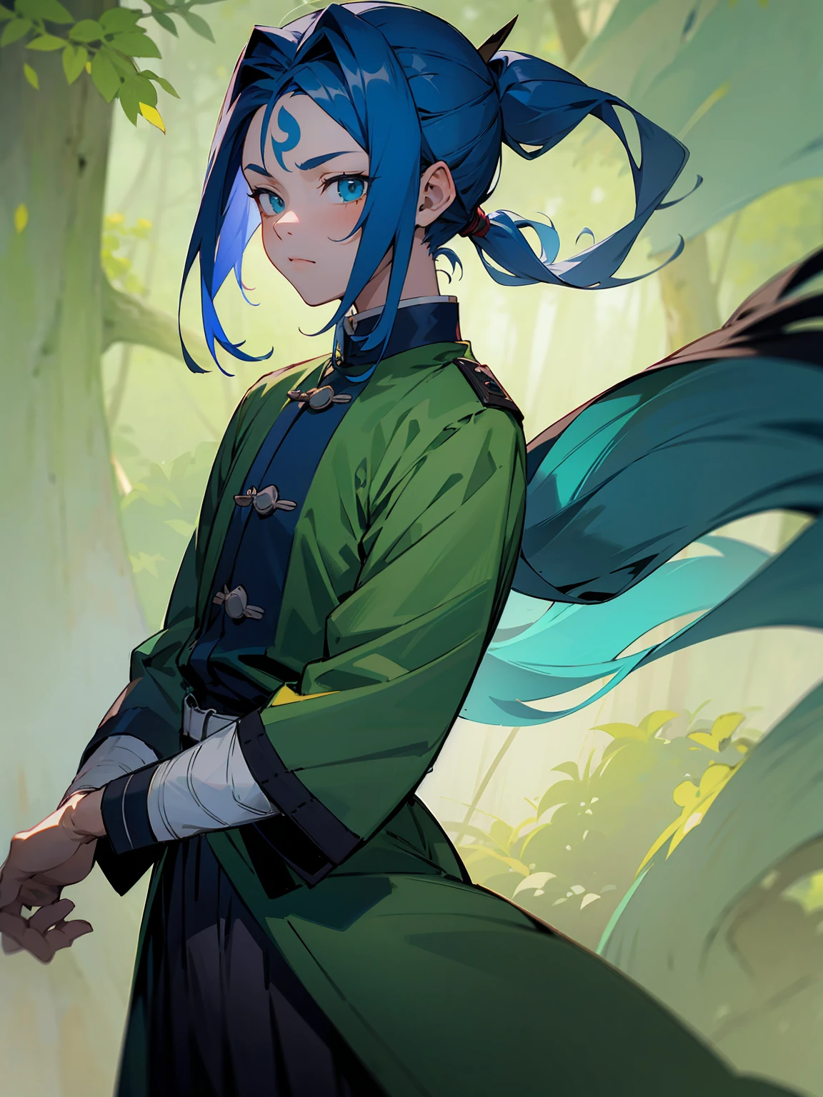 1male, Adult, Deep Blue Hair, Medium Length Hair, White Inner Hair, Ponytail, Haori With Leaves On It, Green Face Mark, Forest Background, Standing in Forest, Demon Slayer Uniform