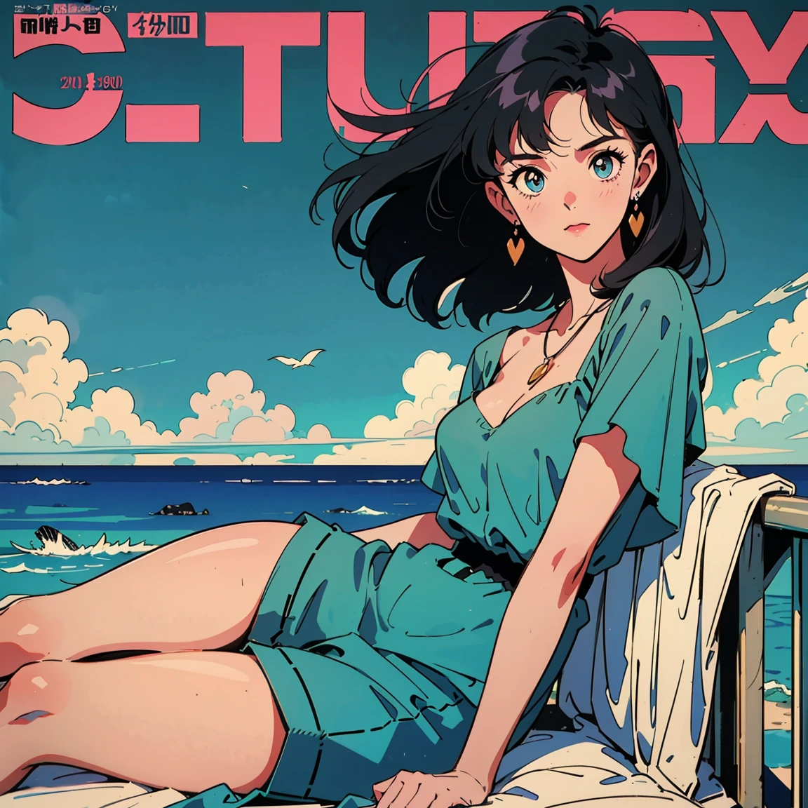 Best image quality, 1980s style animation, 21 year old girl, black hair, Permed hair, bright eyes,  Pretty Eyes, eye line, retro, Summer Clothes, magazine cover, whole body , city , evening in the park, posing, So sexy, so pretty. 짙은 eye line, ocean, Ocean, Summer Vacation