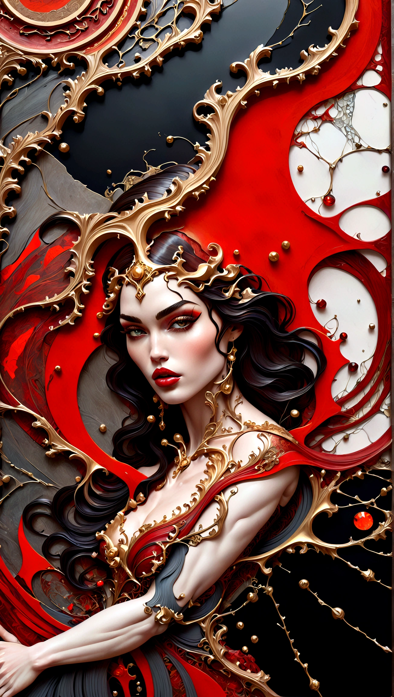 une belle illustration de Megan Fox en fille vampire très musclée dans une texture de marbre abstraite avec un cadre de style tarot, avec des couleurs de noir,or, Et rouge, très détaillé, conception complexe, PAR Anne Bachelier,