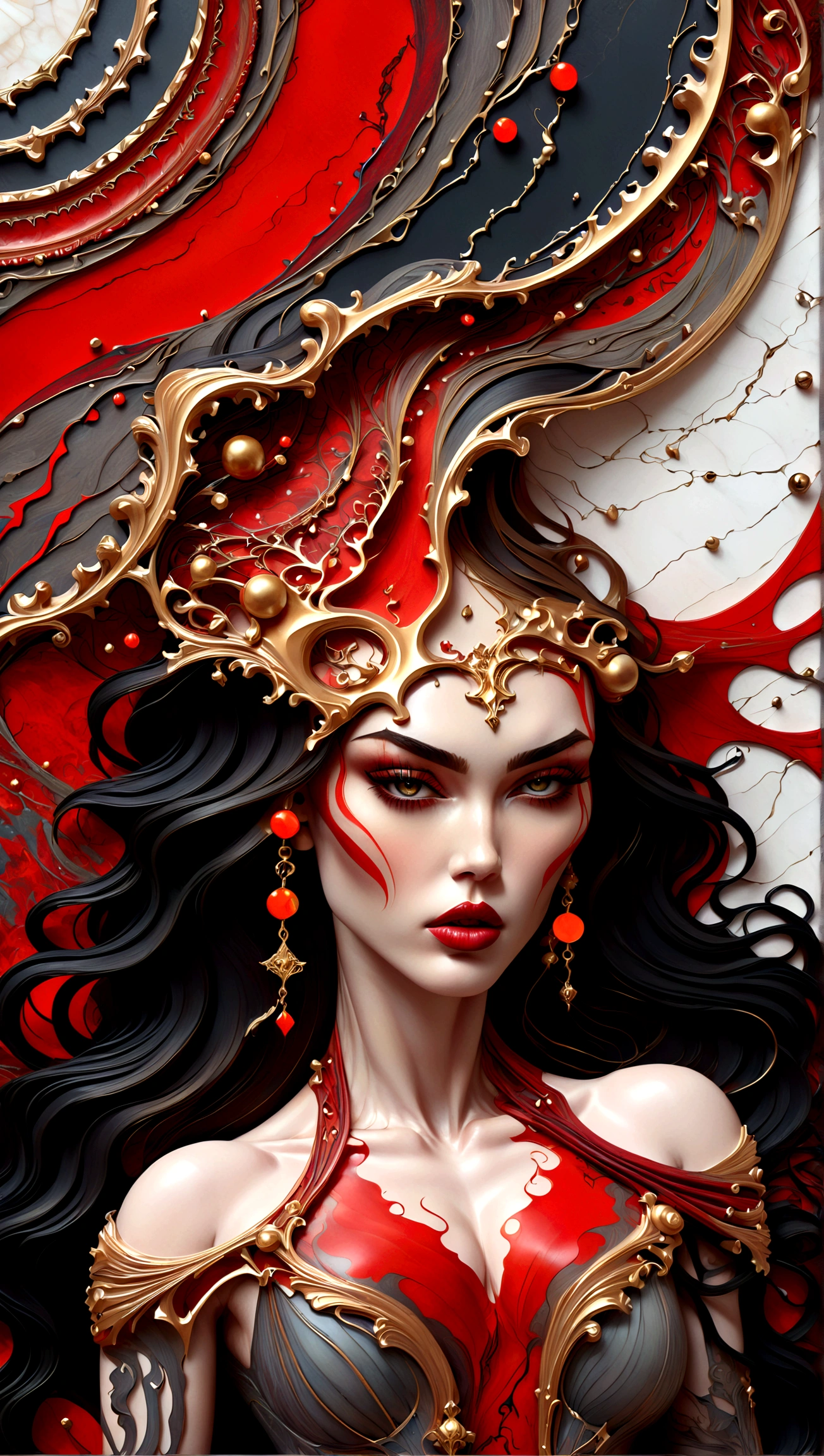 eine wunderschöne Illustration von Megan Fox als sehr muskulöses Vampirmädchen in einer abstrakten Marmorstruktur mit einem Rahmen im Tarot-Stil, mit den Farben Schwarz,Gold, und Rot, sehr detailliert, kompliziertes Design, BY Anne Bachelier,