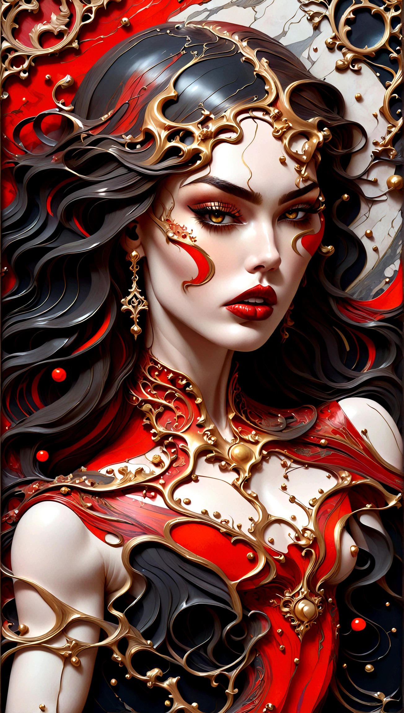 a beautiful illustration of megan fox as a very muscular vampire girl in an abstract marble texture with a tarot style frame, with colors of black,gold, and red, highly detailed, intricate design, BY Anne Bachelier,