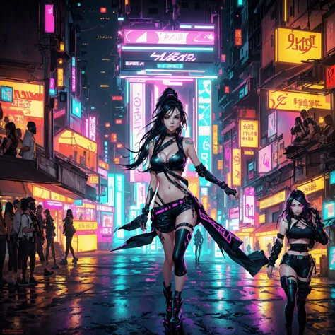 arafed image of a woman in a black top and shorts standing in a crowded street, cyberpunk vibe, cyberpunk vibes, cyberpunk art s...