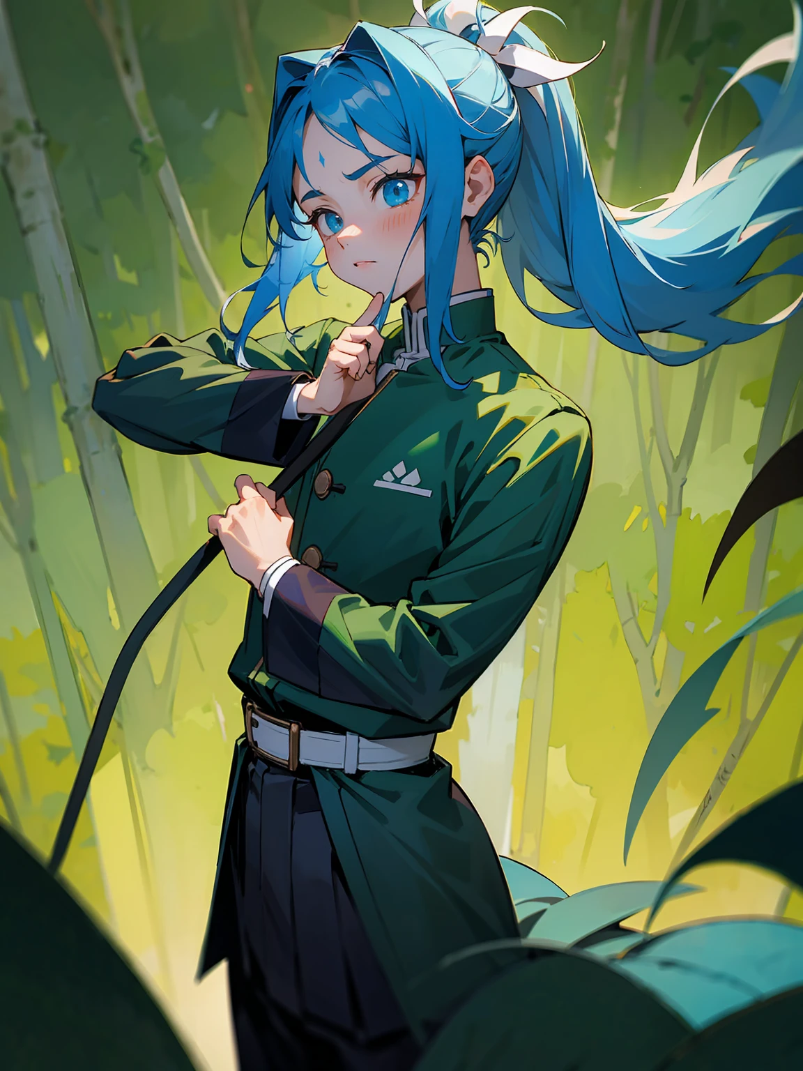 1male, Adult, Deep Blue Hair, Medium Length Hair, White Inner Hair, Ponytail, Forest Haori, Green Face Mark, Forest Background, Standing in Forest, Demon Slayer Uniform