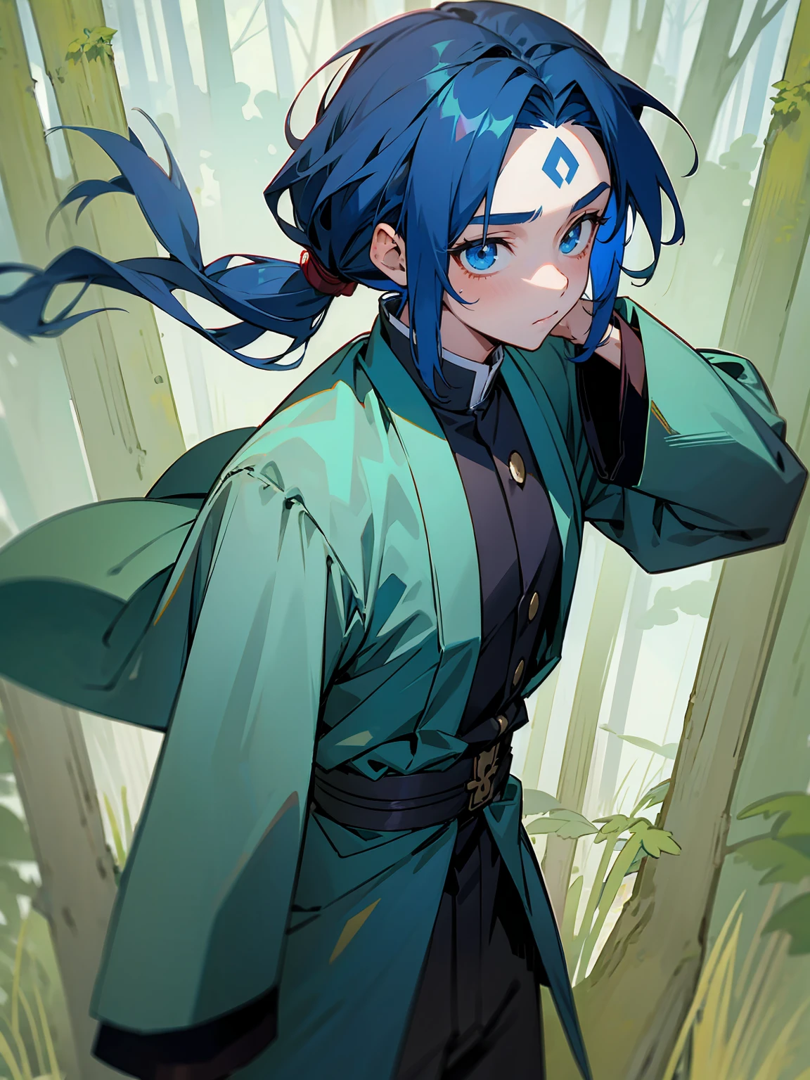 1male, Adult, Deep Blue Hair, Medium Length Hair, White Inner Hair, Ponytail, Forest Haori, Green Face Mark, Forest Background, Standing in Forest, Demon Slayer Uniform