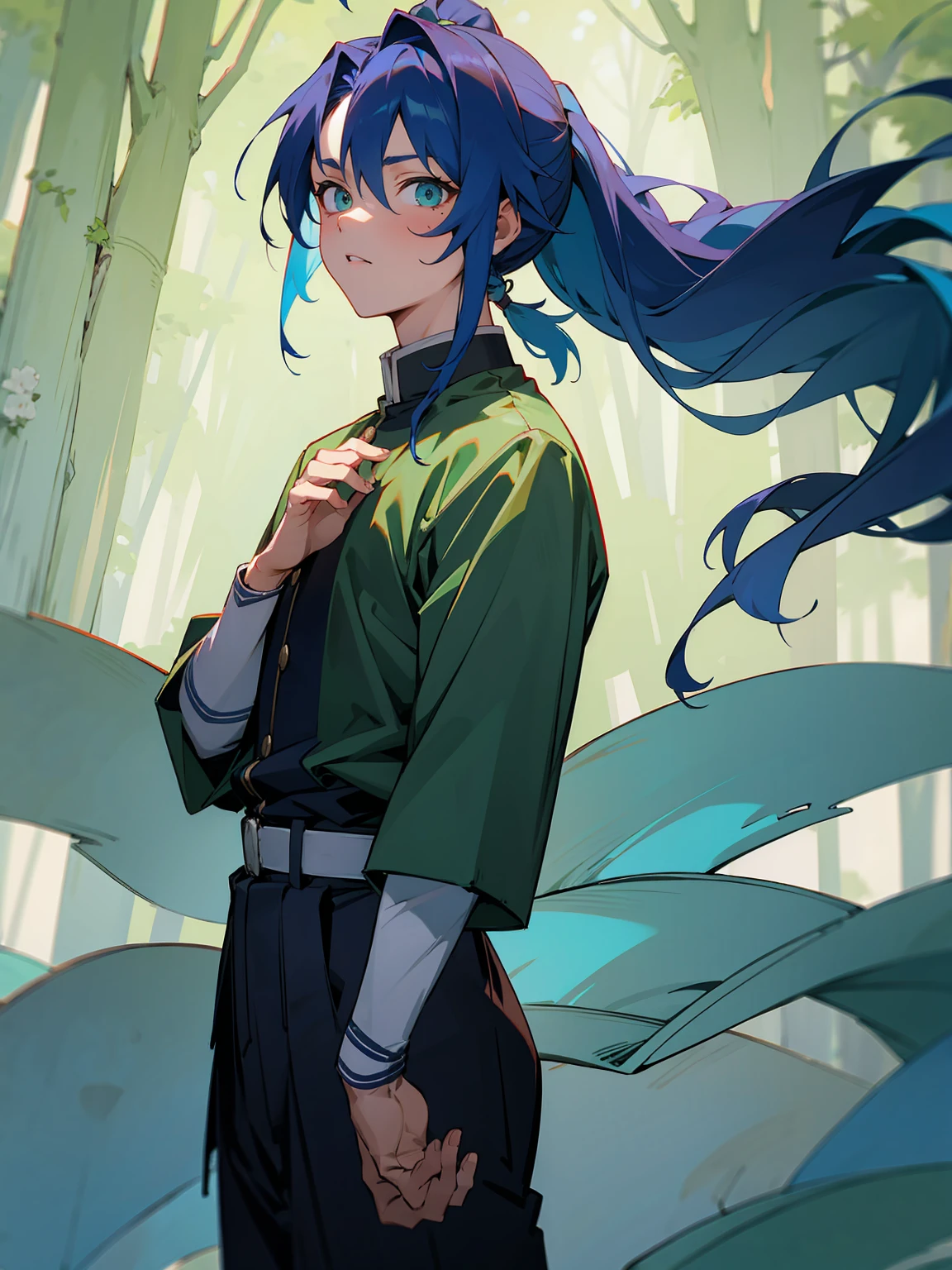 1male, Adult, Deep Blue Hair, Medium Length Hair, White Inner Hair, Ponytail, Forest Haori, Green Face Mark, Forest Background, Standing in Forest, Demon Slayer Uniform