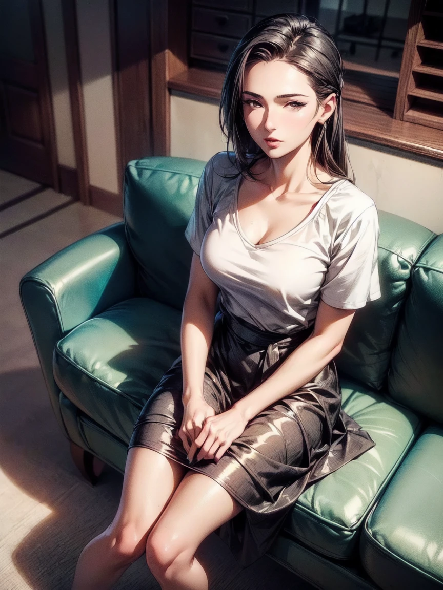 ((the most beautiful woman in the world:1.88)),(masterpiece:1.66),(FHD:1.11),(16K:1.12),(best quality:1.14),(ultra best illustration), (best shadow),high quality,(ultra detailed:1.15),hyper detailed,insanely detailed, exquisite,beautiful,absurdres,1 woman,(house wife:1.5),(40 years old:1.3),(middle-aged:1.49),japanese woman,medium skin,shiny skin,detailed skin,detailed face,beautiful breasts,small breasts,side part,straight hair,Casual, simple blouse,V-neckline,knee-length skirt, blouse in bright colors,pastel shades,Dining, sofa, sitting,from above,looking at viewer,