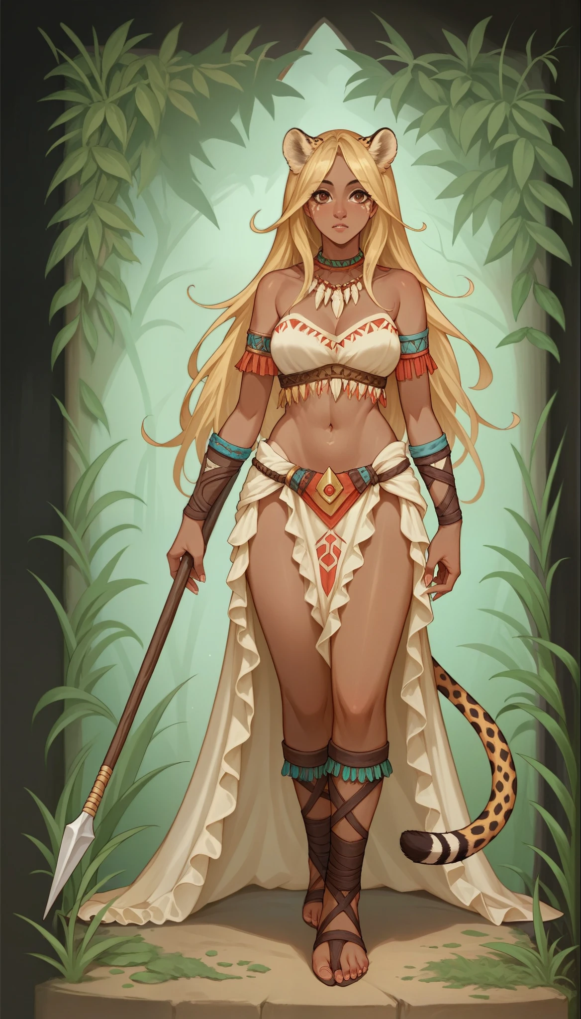 score_9, score_8_up, score_7_up, score_6_up, score_5_up, score_4_up, 
female, (cheetah:1.2), animal ears, holding spear in hands, long hair, dark_skin, dark_skinned_female, blonde hair, brown eyes, eyelashes, frills, tribal outfit,
Full body standing painting, (((solo))), Simple line design, ((tarot card background, symmetric beauty)), perfectly symmetrical, The art of symmetry, Standing drawings of characters, ((flatcolors)), tmasterpiecetop Qualities qualtiy