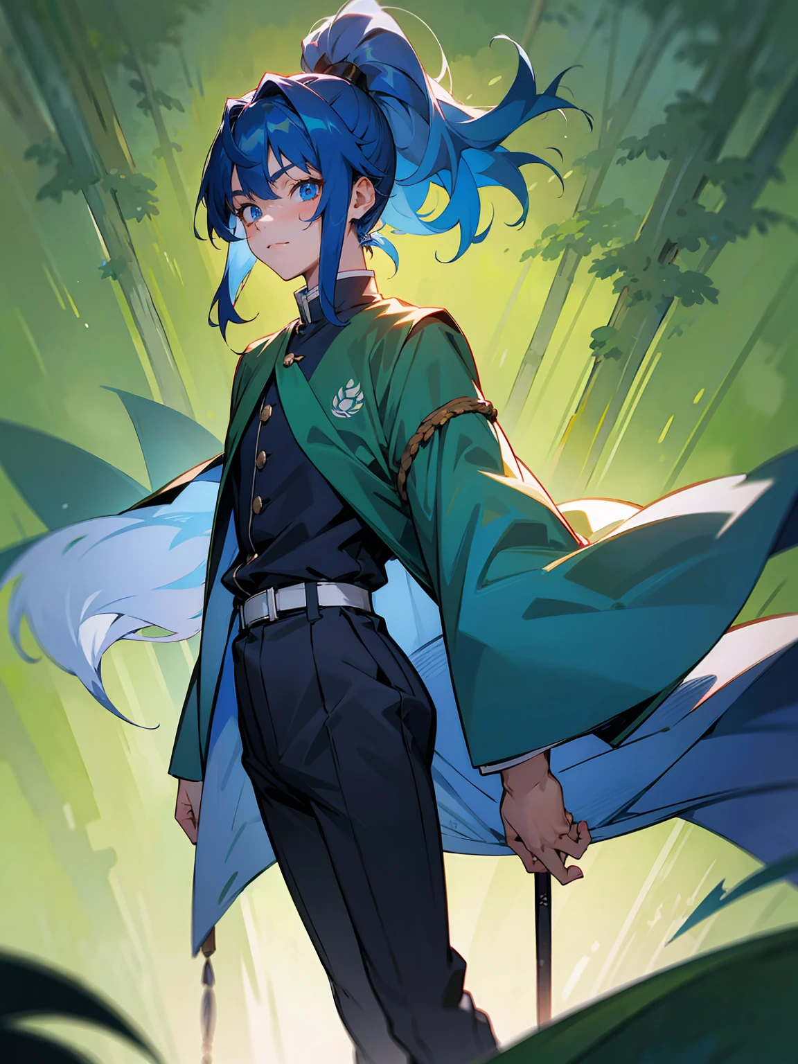 1male, Adult, Deep Blue Hair, Medium Length Hair, White Inner Hair, Ponytail, Forest Haori, Green Face Mark, Forest Background, Standing in Forest, Demon Slayer Uniform