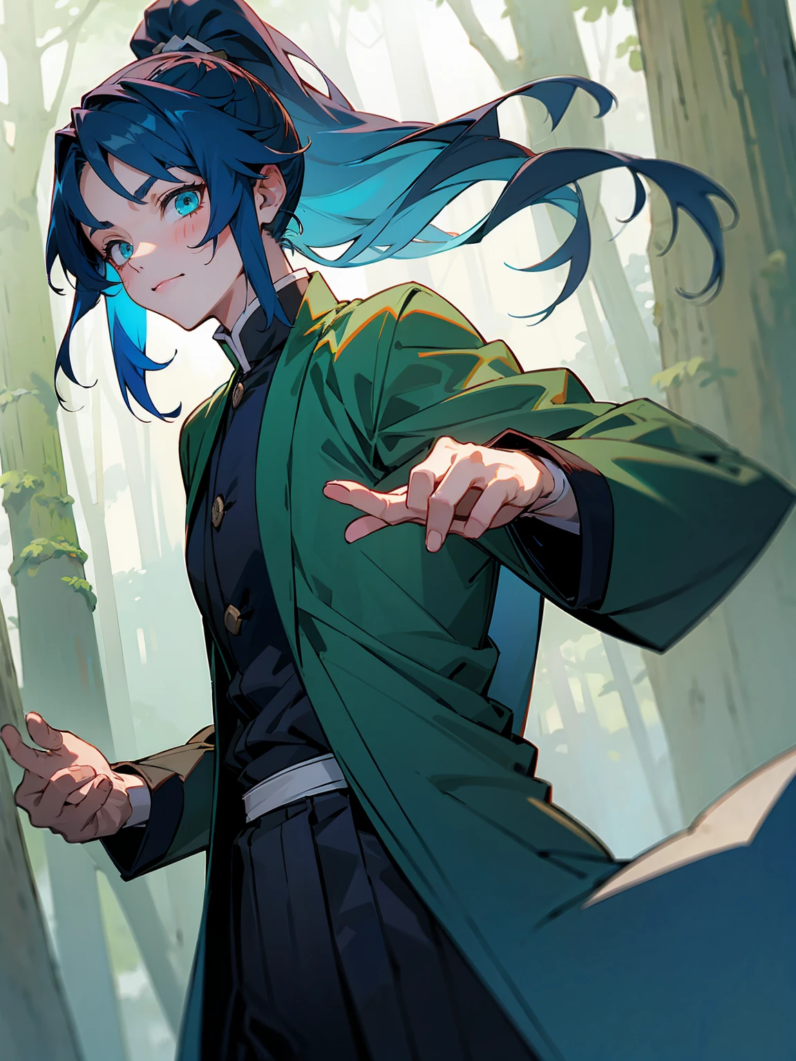 1male, Adult, Deep Blue Hair, Medium Length Hair, White Inner Hair, Ponytail, Forest Haori, Green Face Mark, Forest Background, Standing in Forest, Demon Slayer Uniform