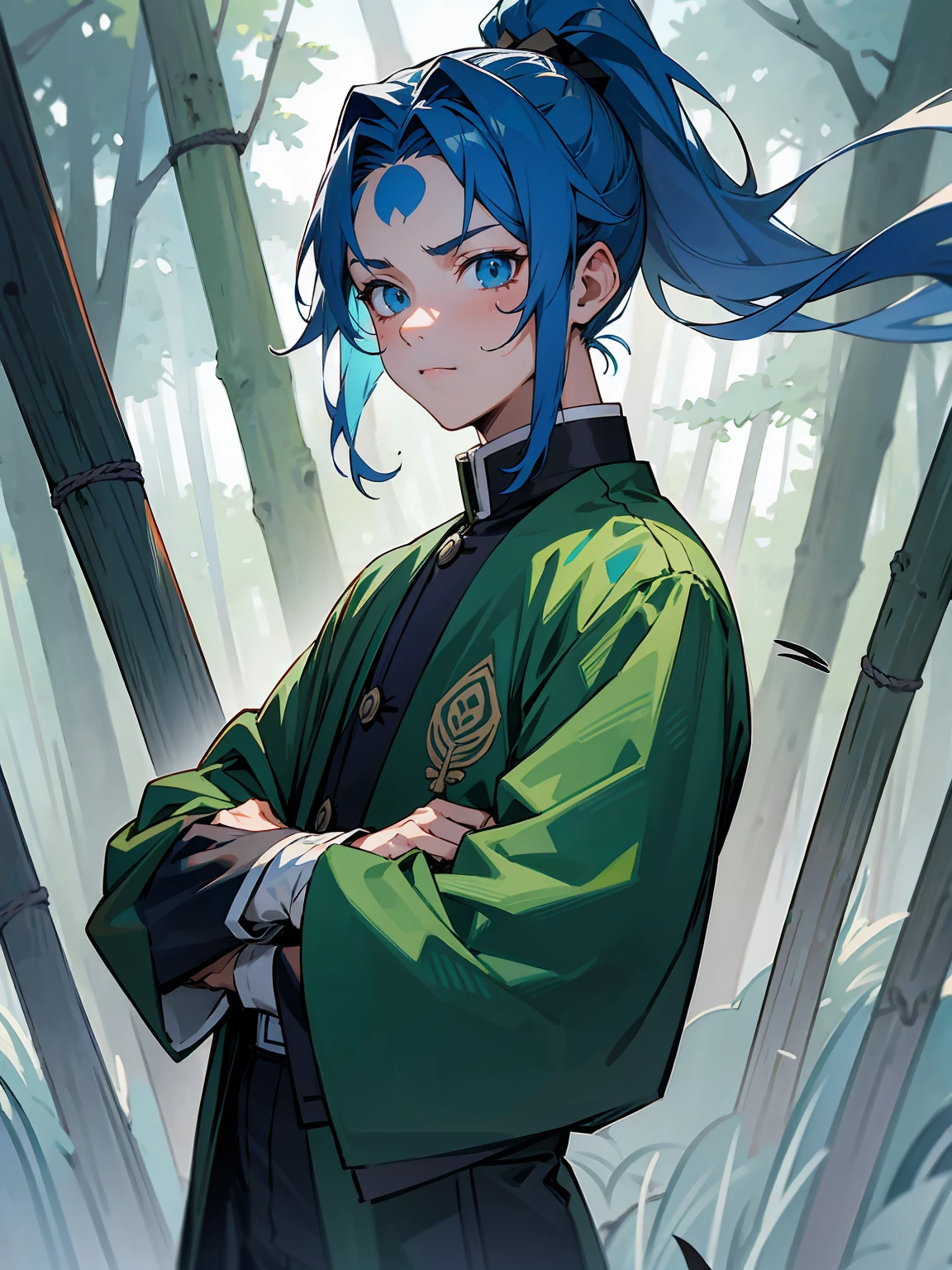 1male, Adult, Deep Blue Hair, Medium Length Hair, White Inner Hair, Ponytail, Forest Haori, Green Face Mark, Forest Background, Standing in Forest, Demon Slayer Uniform