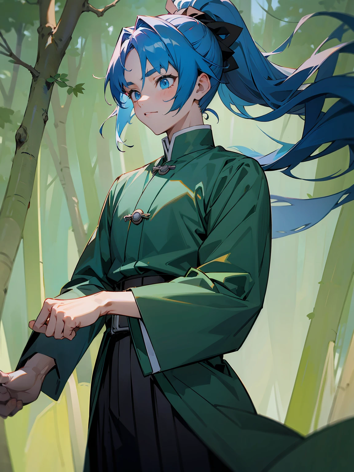 1male, Adult, Deep Blue Hair, Medium Length Hair, White Inner Hair, Ponytail, Forest Haori, Green Face Mark, Forest Background, Standing in Forest, Demon Slayer Uniform