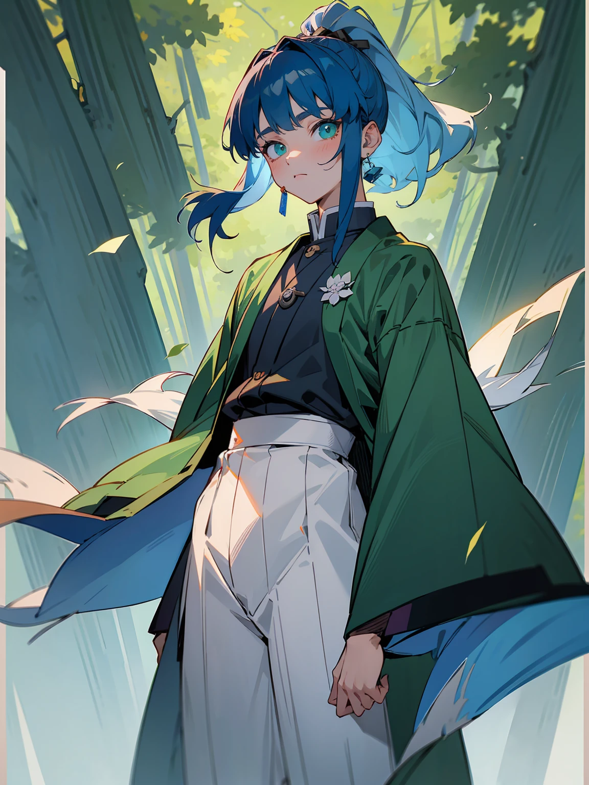 1male, Adult, Deep Blue Hair, Medium Length Hair, White Inner Hair, Ponytail, Forest Haori, Green Face Mark, Forest Background, Standing in Forest, Demon Slayer Uniform