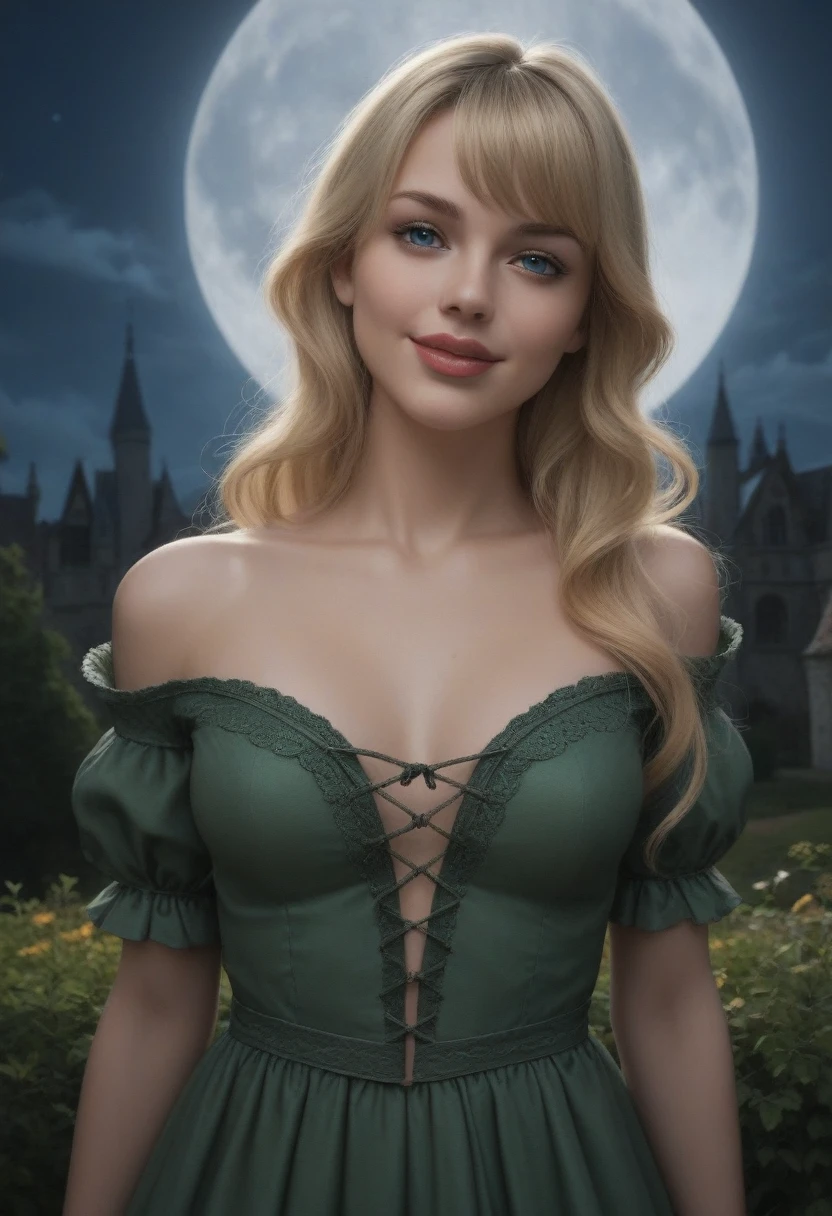 score_9, score_8_above, score_7_above, 1girl, realistic, blonde long hair with bangs, blue_eyes, realistic skin texture, detailed picture, upper_body, HD32k, royal_garden, medieval_castle, elegant_green_dress, off_shoulder_dress, moonlight, night, fullmoon, seductive_smile, red_lips, licking_lips