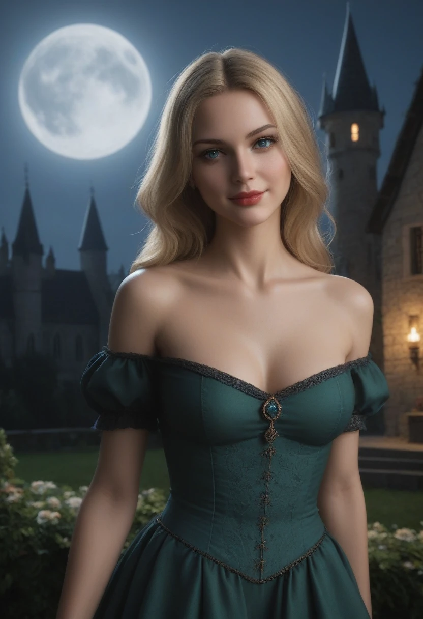 score_9, score_8_above, score_7_above, 1girl, realistic, blonde long hair with bangs, blue_eyes, realistic skin texture, detailed picture, upper_body, HD32k, royal_garden, medieval_castle, elegant_green_dress, off_shoulder_dress, moonlight, night, fullmoon, seductive_smile, red_lips, puckered_lips