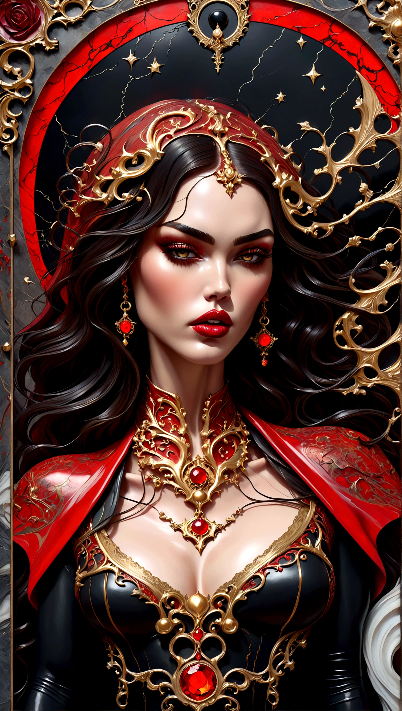 une belle illustration de Megan Fox en fille vampire très musclée dans une texture de marbre abstraite avec un cadre de style tarot, avec des couleurs de noir obsidienne, or brillant, et rouge rubis, très détaillé, conception complexe, PAR Anne Bachelier,