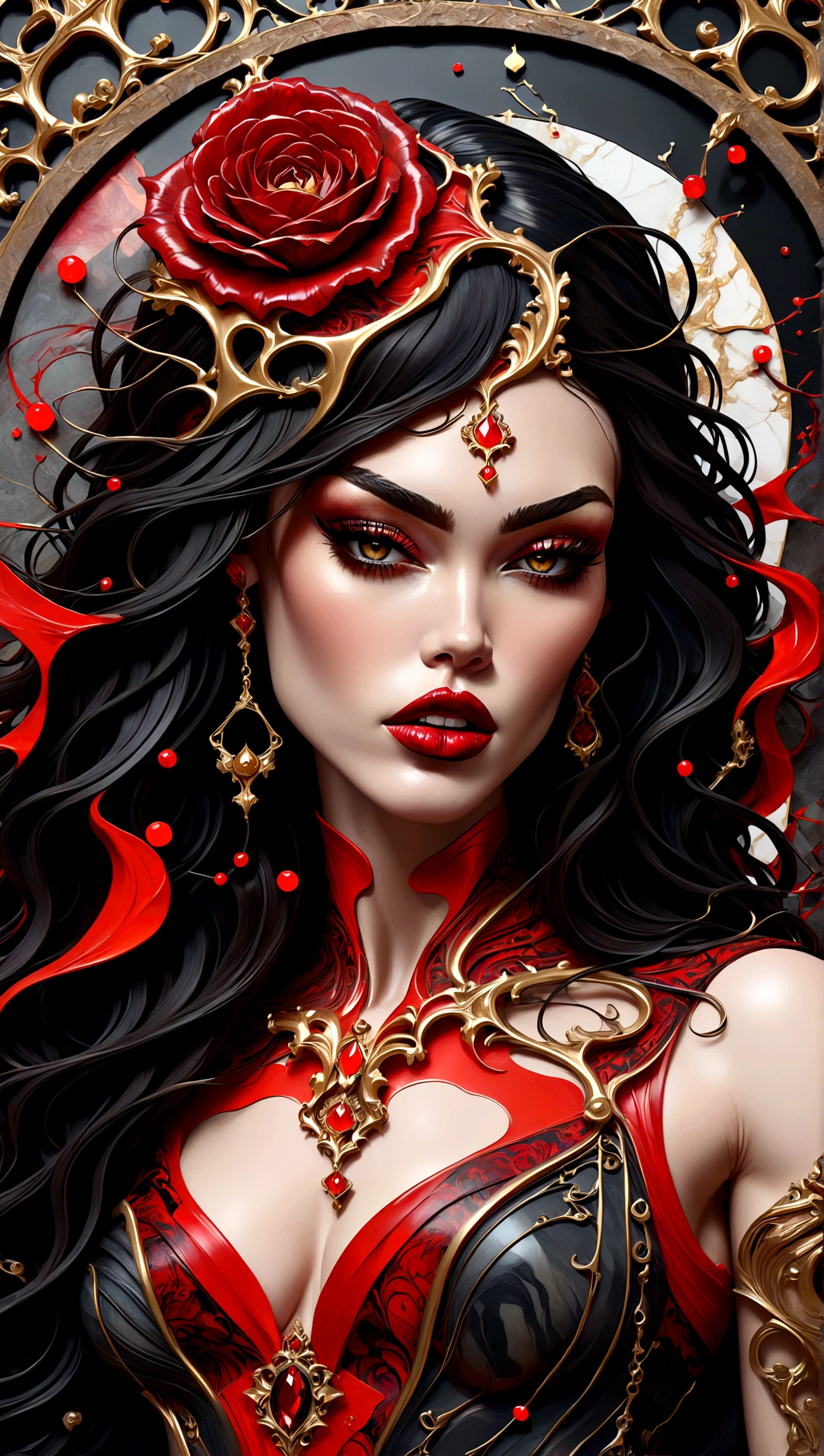 une belle illustration de Megan Fox en fille vampire très musclée dans une texture de marbre abstraite avec un cadre de style tarot, avec des couleurs de noir obsidienne, or brillant, et rouge rubis, très détaillé, conception complexe, PAR Anne Bachelier,