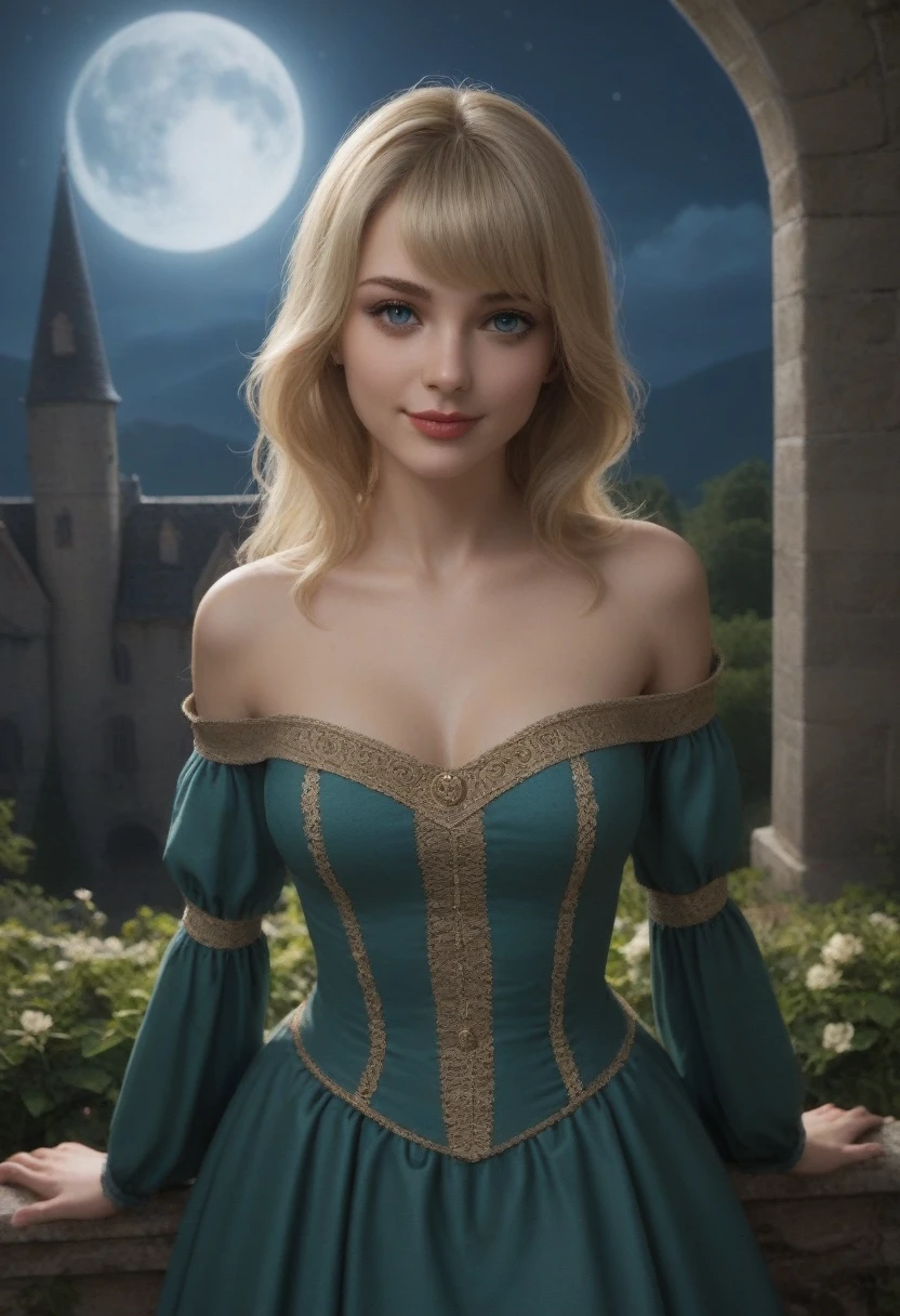 score_9, score_8_above, score_7_above, 1girl, realistic, blonde long hair with bangs, blue_eyes, realistic skin texture, detailed picture, upper_body, HD32k, royal_garden, medieval_castle, elegant_green_dress, off_shoulder_dress, moonlight, night, fullmoon, seductive_smile, red_lips, pursed_lips