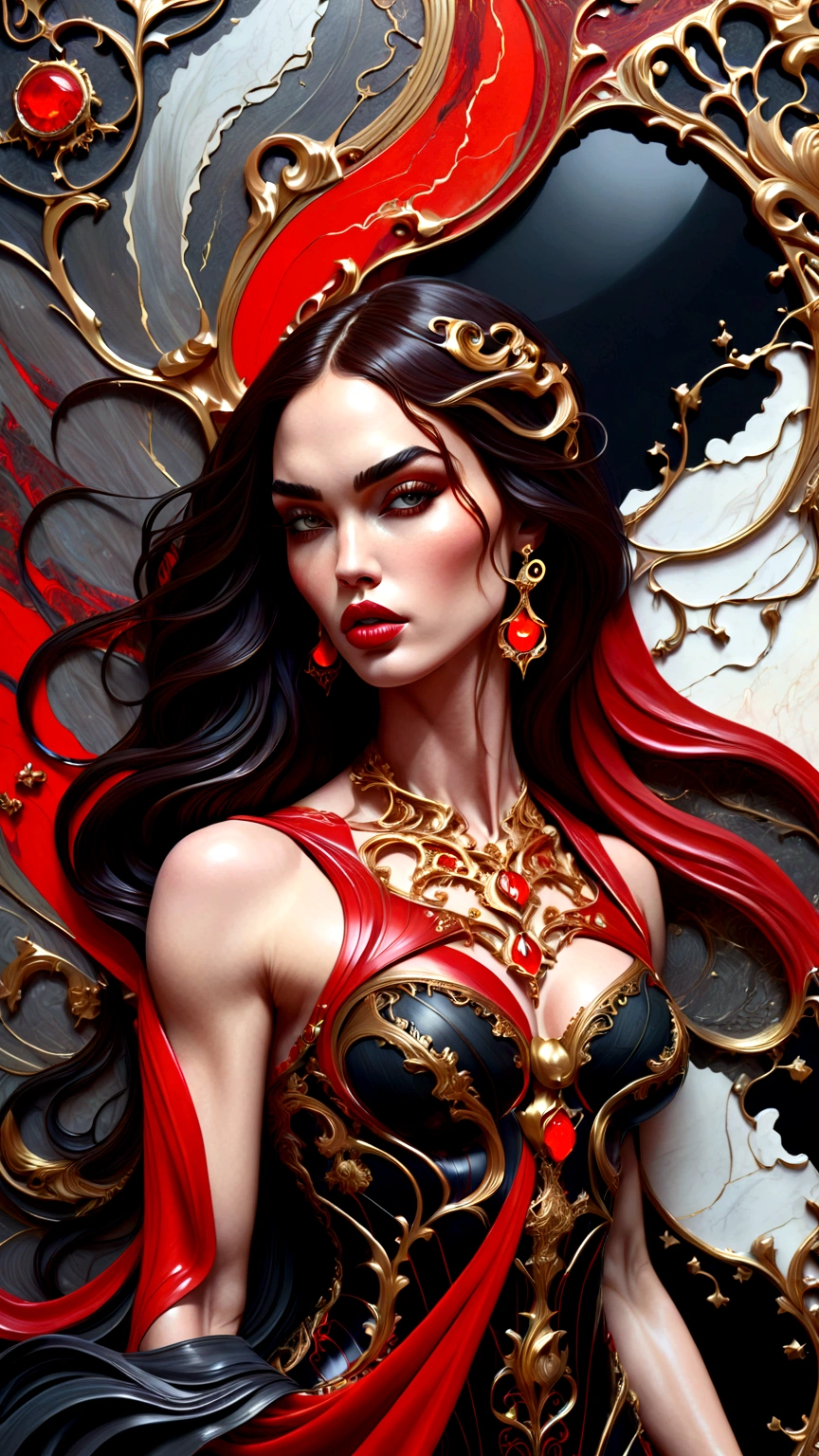 a beautiful illustration of megan fox as a very muscular vampire girl in an abstract marble texture with a tarot style frame, with colors of obsidian black, shiny gold, and ruby red, highly detailed, intricate design, BY Anne Bachelier,