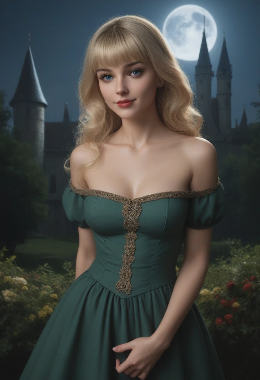 score_9, score_8_above, score_7_above, 1girl, realistic, blonde long hair with bangs, blue_eyes, realistic skin texture, detailed picture, upper_body, HD32k, royal_garden, medieval_castle, elegant_green_dress, off_shoulder_dress, moonlight, night, fullmoon, seductive_smile, red_lips, spread_lips