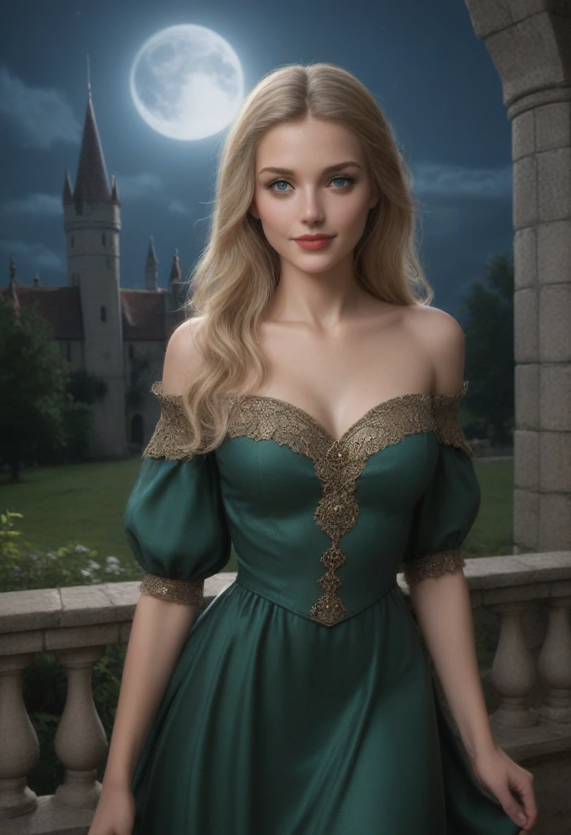 score_9, score_8_above, score_7_above, 1girl, realistic, blonde long hair with bangs, blue_eyes, realistic skin texture, detailed picture, upper_body, HD32k, royal_garden, medieval_castle, elegant_green_dress, off_shoulder_dress, moonlight, night, fullmoon, seductive_smile, red_lips, spread_lips