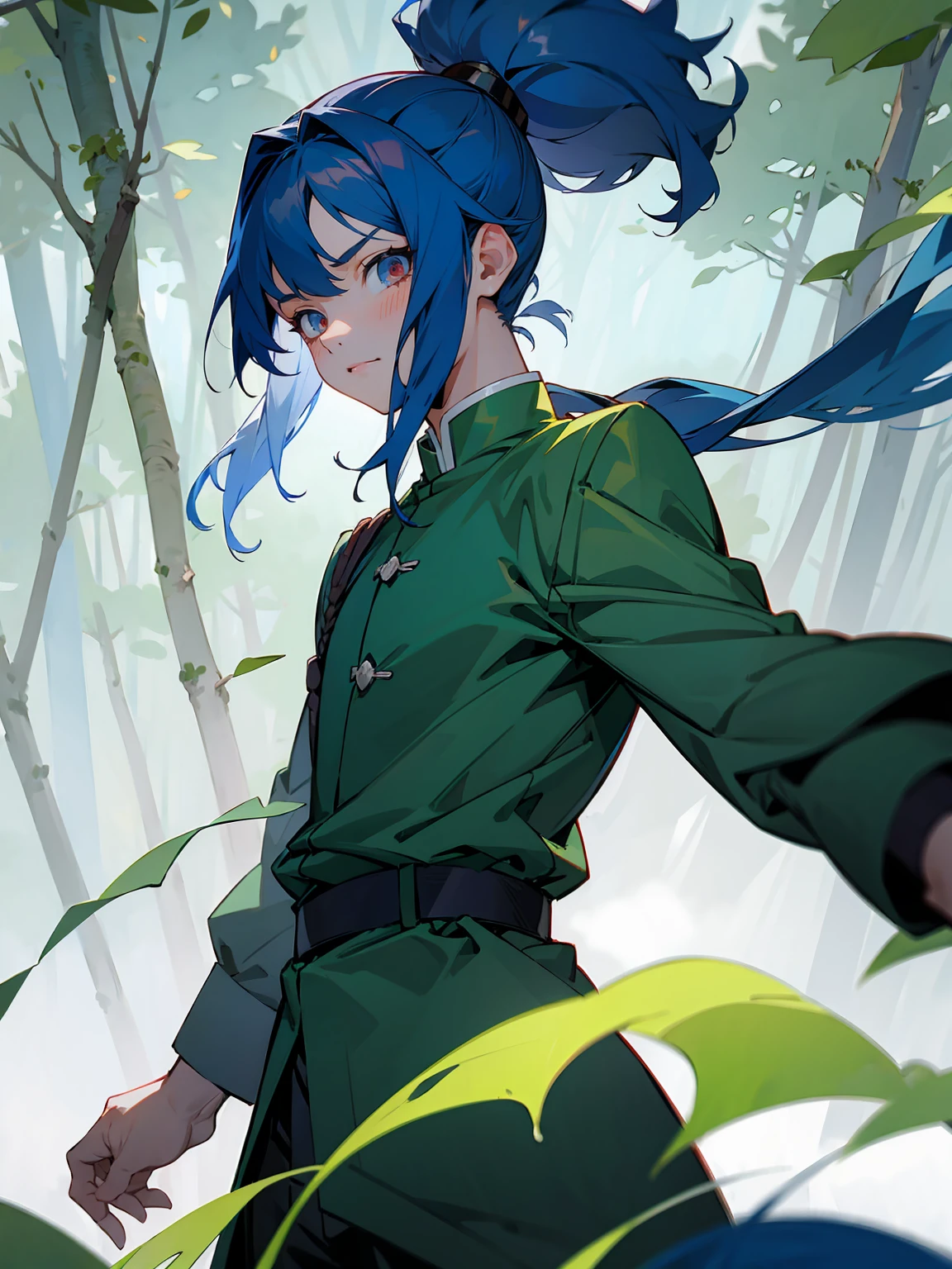 1male, Adult, Deep Blue Hair, Medium Length Hair, White Inner Hair, Ponytail, Forest Haori, Green Face Mark, Forest Background, Standing in Forest, Demon Slayer Uniform