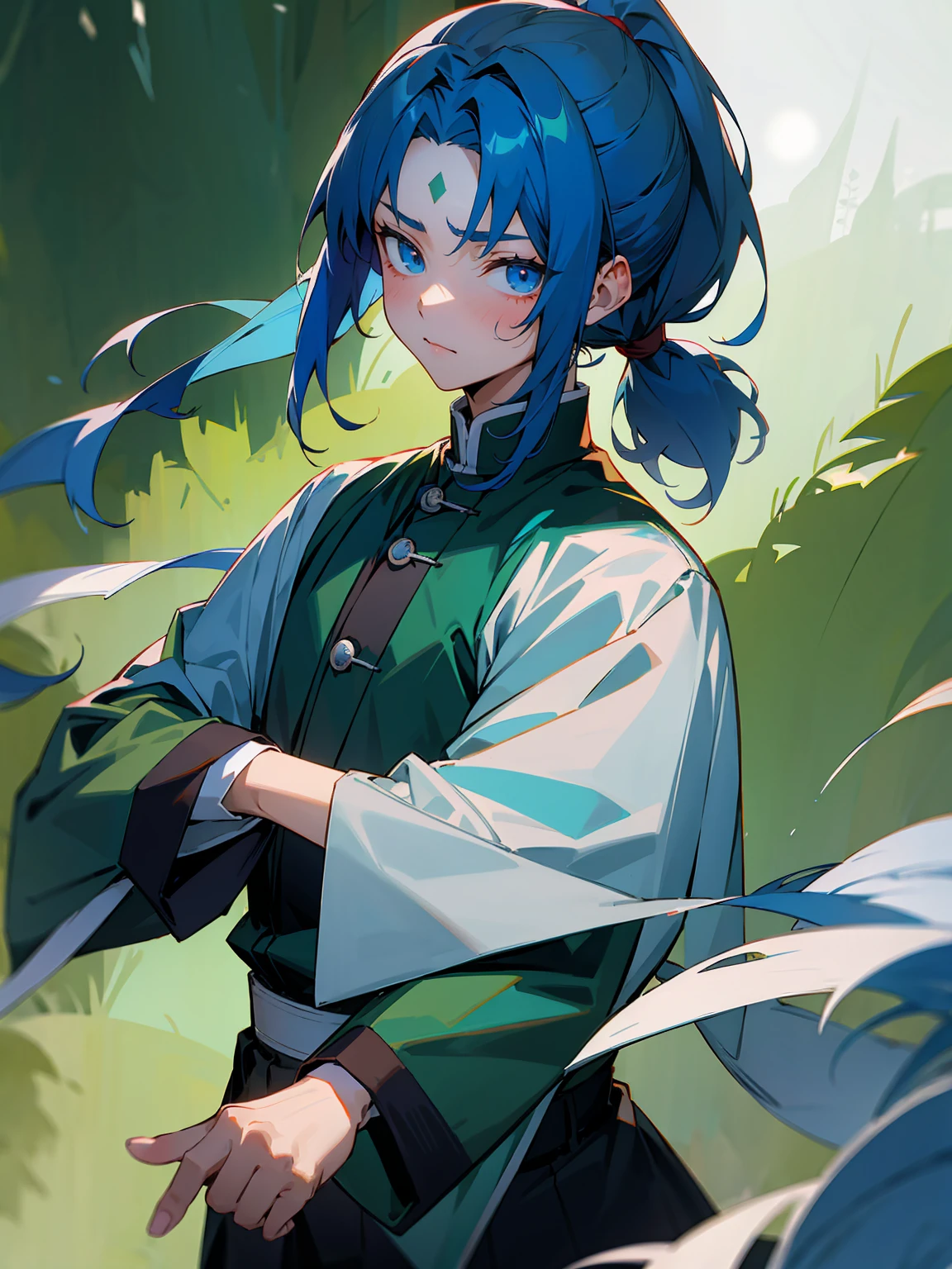 1male, Adult, Deep Blue Hair, Medium Length Hair, White Inner Hair, Ponytail, Forest Haori, Green Face Mark, Forest Background, Standing in Forest, Demon Slayer Uniform