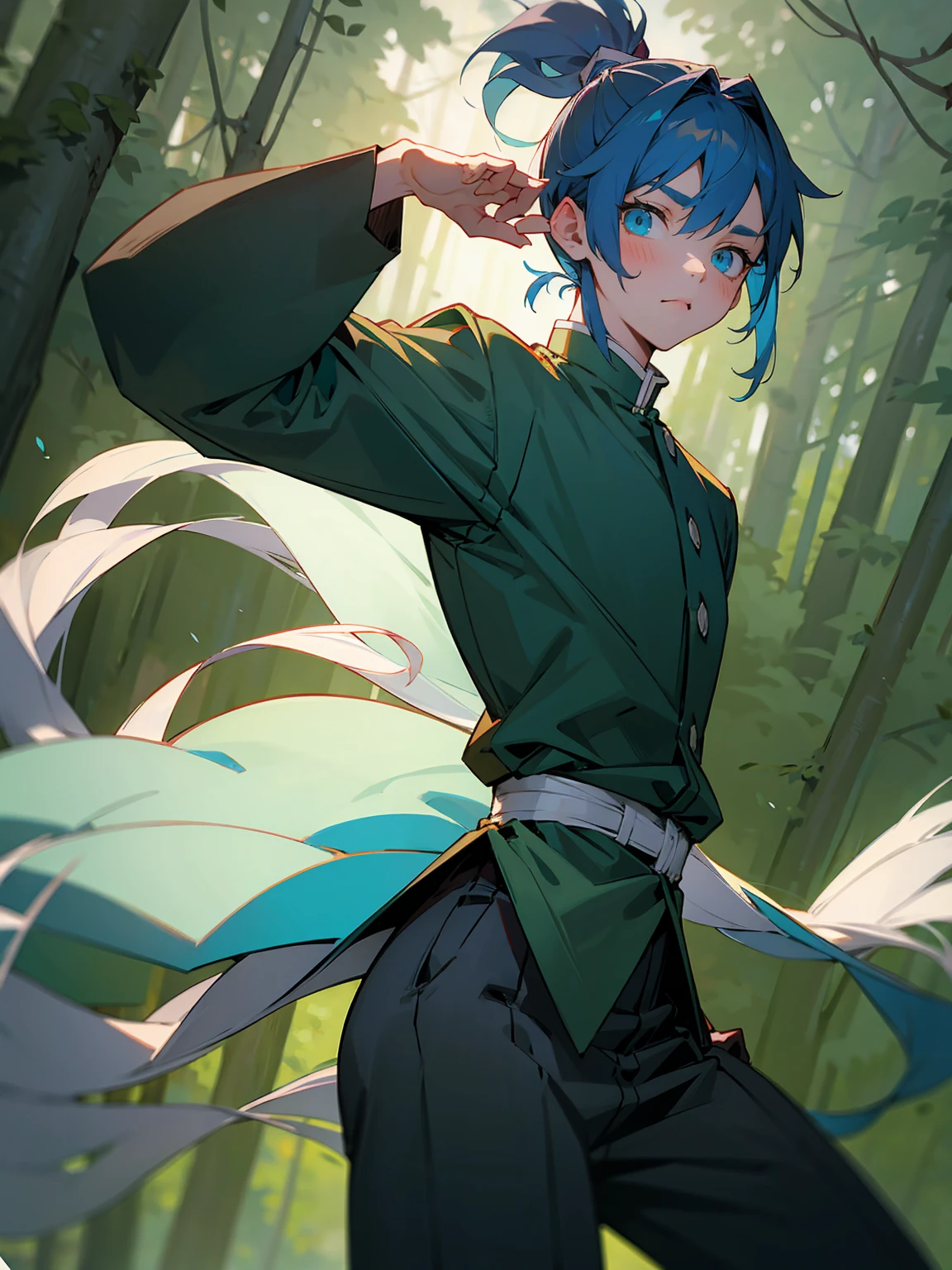 1male, Adult, Deep Blue Hair, Medium Length Hair, White Inner Hair, Ponytail, Forest Haori, Green Face Mark, Forest Background, Standing in Forest, Demon Slayer Uniform