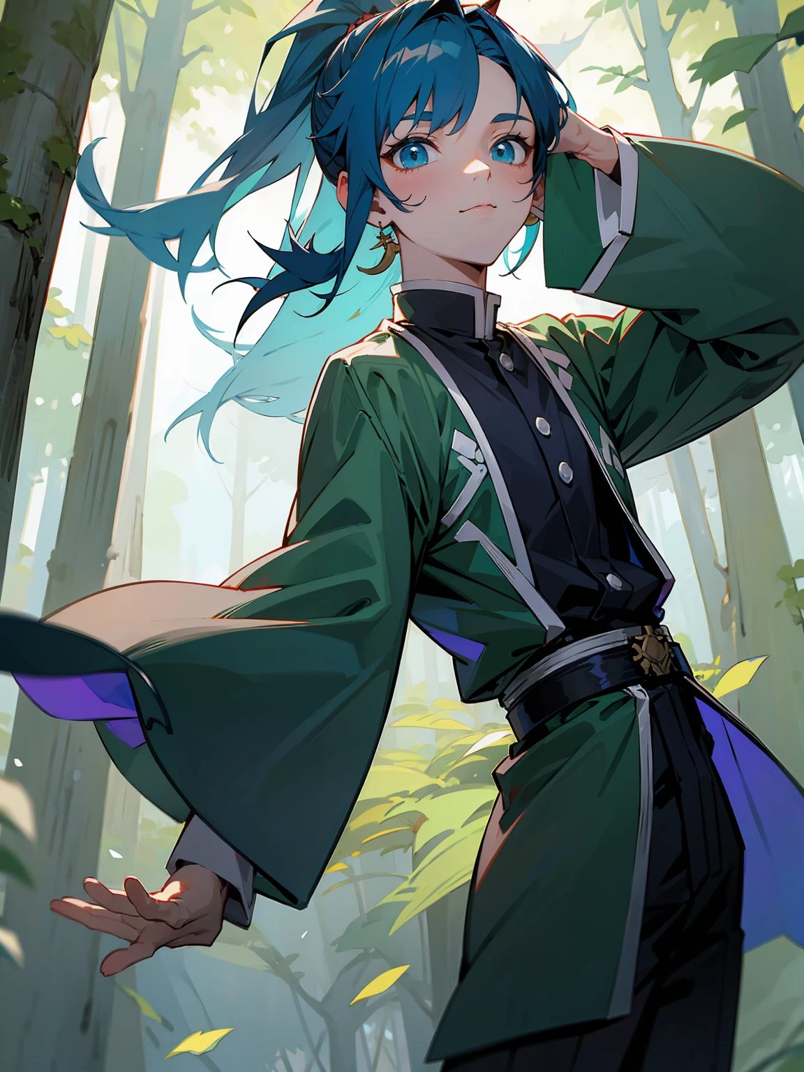 1male, Adult, Deep Blue Hair, Medium Length Hair, White Inner Hair, Ponytail, Forest Haori, Green Face Mark, Forest Background, Standing in Forest, Demon Slayer Uniform