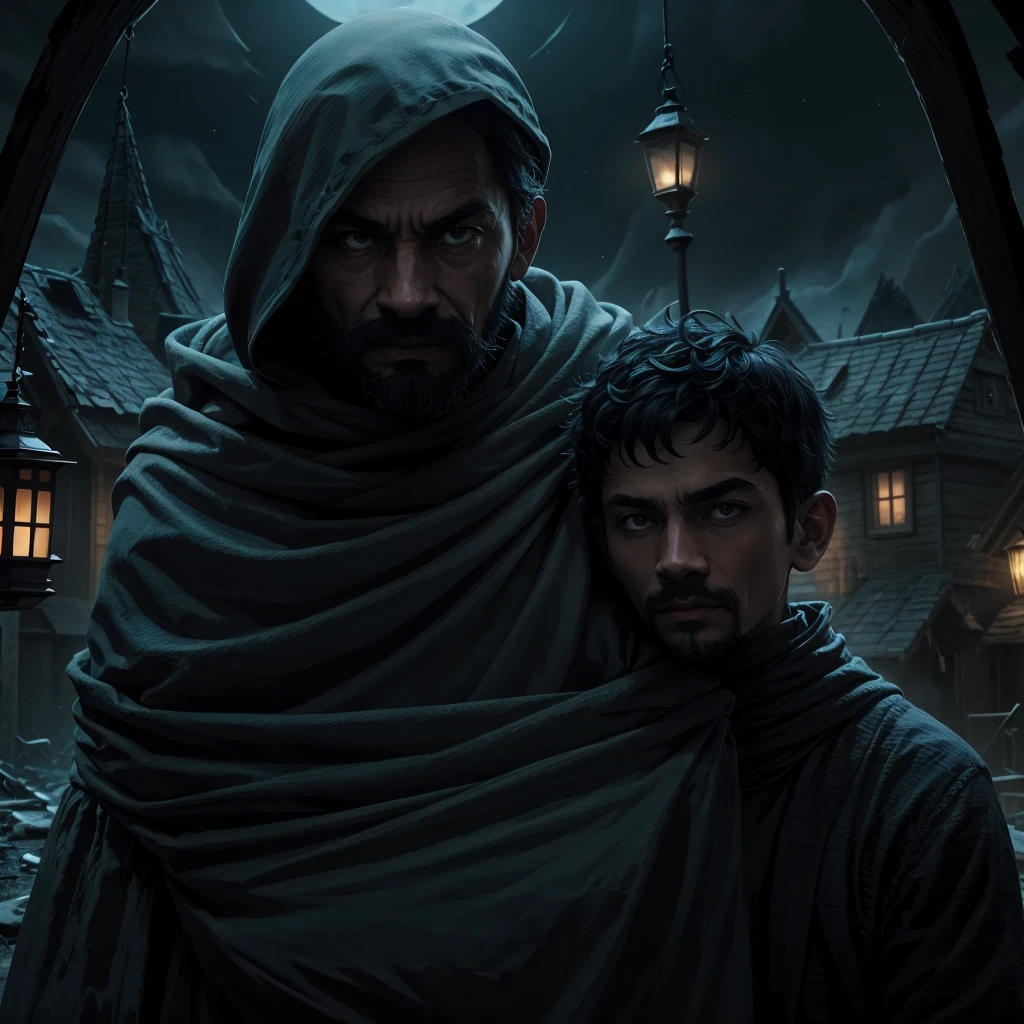 
Create a hyper-realistic scene with a dark, moonlit, and eerie atmosphere. The backdrop should be an empty, abandoned village at night, with an aura of horror and fear. The village should have dilapidated houses and overgrown vegetation, with subtle, eerie lighting to enhance the horror essence.

**Characters:**
1. **Two Bengali Men:**
   - **Man 1 (Aneesh):** Joyfully vlogging with his smartphone, capturing the scene. His facial expression should be cheerful and excited.
   - **Man 2 (Mainak):** Standing like a statue, with a fearful and shocked expression. He should be looking directly at the audience, conveying his terror.

**Lighting and Colors:**
- Predominantly dark tones with moonlight casting a ghostly glow over the village.
- Use shadows and subtle, eerie lighting to heighten the sense of fear.

**Details:**
- Include elements like flickering lanterns or dimly lit windows to add to the spooky atmosphere.
- The overall color scheme should be dark, with bluish hues to create a chilling and suspenseful mood.

**Mood:**
- The scene should evoke a strong sense of dread and unease, capturing the contrast between the joyful vlogger and the terrified friend.

"hyper-realistic, dark moonlit village, eerie atmosphere, abandoned houses, horror essence, Bengali men, vlogging, joyful expression, fear and shock, subtle eerie lighting, dark tones, bluish hues, chilling mood, flickering lanterns, suspenseful"

