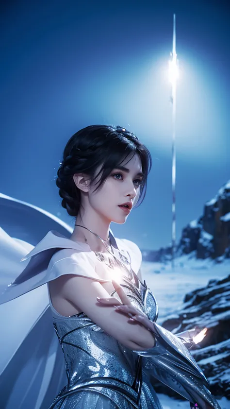 short black haired mystical looking woman casting magic in a battle in a frozen wasteland