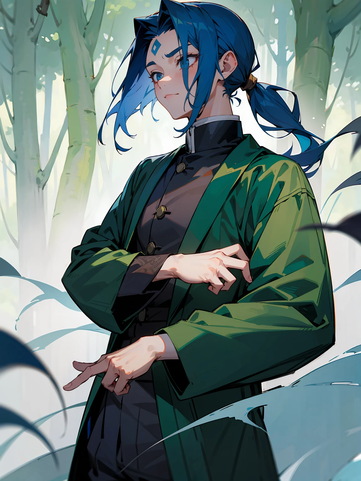 1male, Adult, Deep Blue Hair, Medium Length Hair, White Inner Hair, Ponytail, Forest Haori, Green Face Mark, Forest Background, Standing in Forest, Demon Slayer Uniform