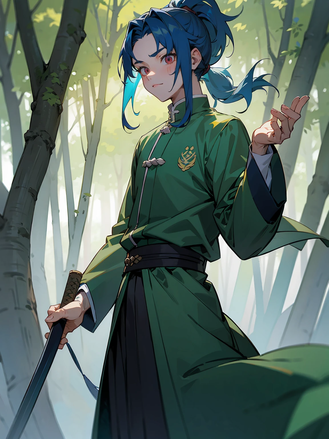 1male, Adult, Deep Blue Hair, Medium Length Hair, White Inner Hair, Ponytail, Forest Haori, Green Face Mark, Forest Background, Standing in Forest, Demon Slayer Uniform