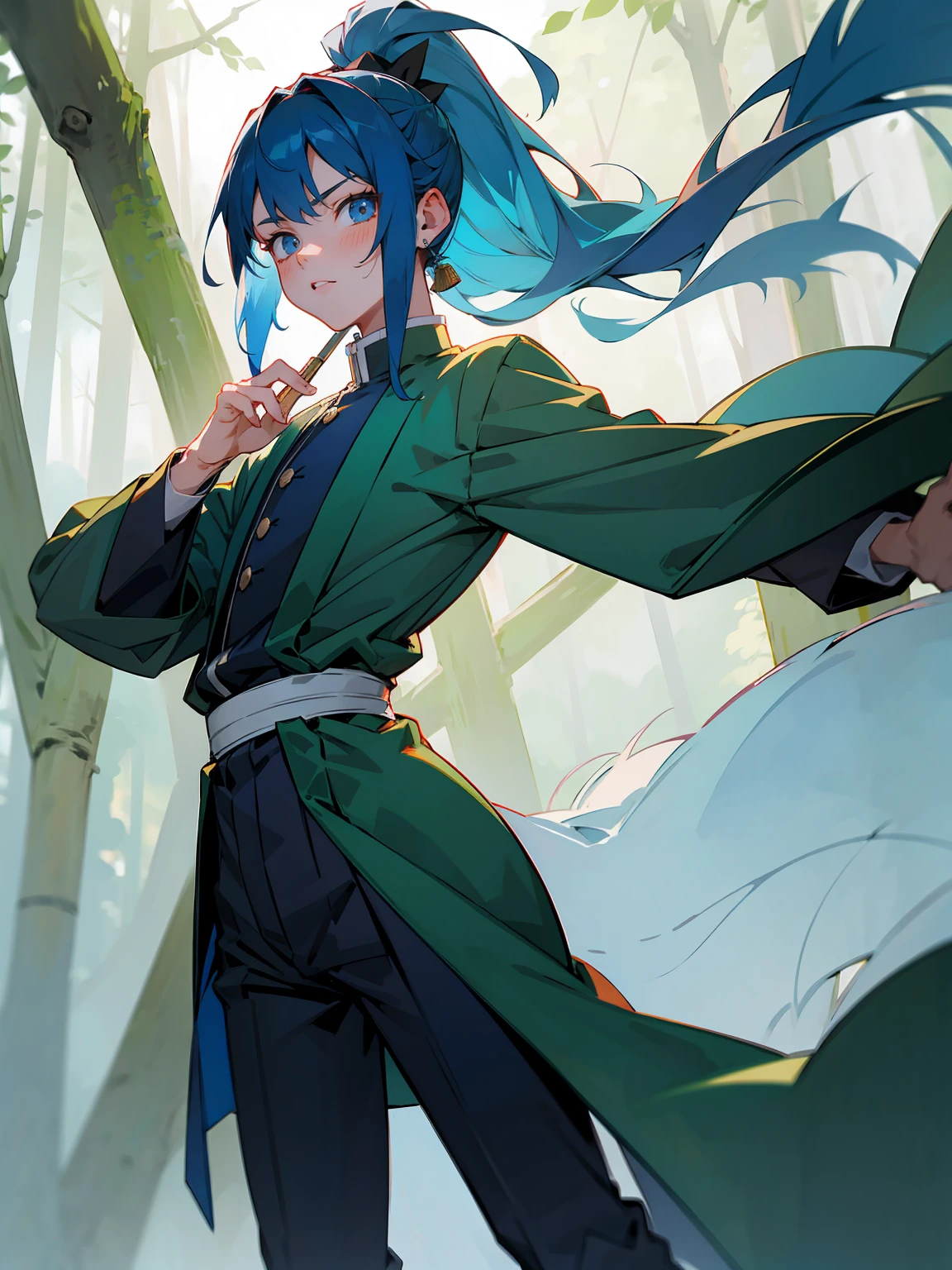 1male, Adult, Deep Blue Hair, Medium Length Hair, White Inner Hair, Ponytail, Forest Haori, Green Face Mark, Forest Background, Standing in Forest, Demon Slayer Uniform