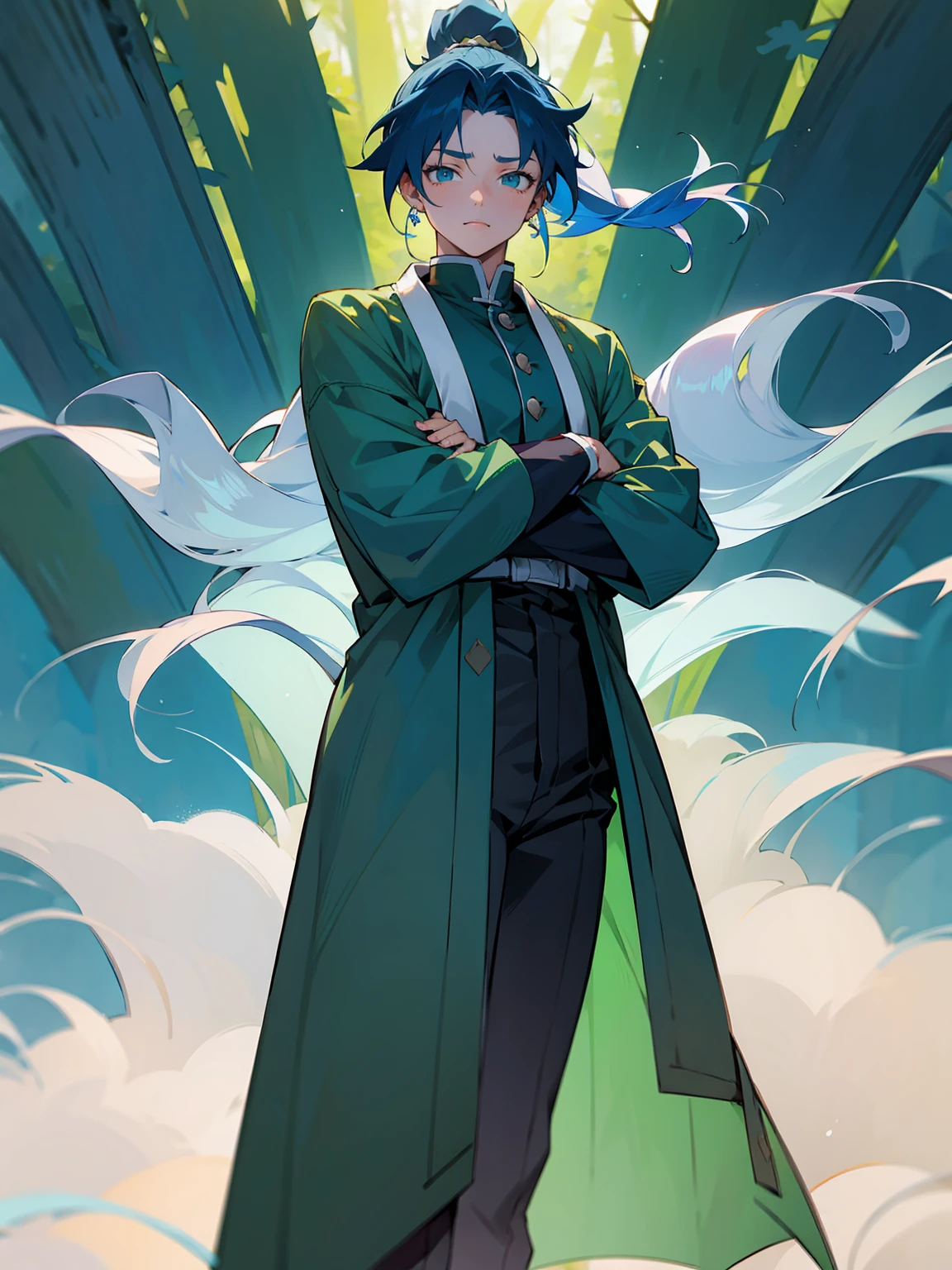 1male, Adult, Deep Blue Hair, Medium Length Hair, White Inner Hair, Ponytail, Forest Haori, Green Face Mark, Forest Background, Standing in Forest, Demon Slayer Uniform