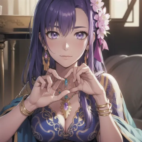 parvati, parvati, long hair, (purple eyes: 1.1), purple hair, exiter face, huge chest, BREAK bracelet, flower, hair flower, hair...