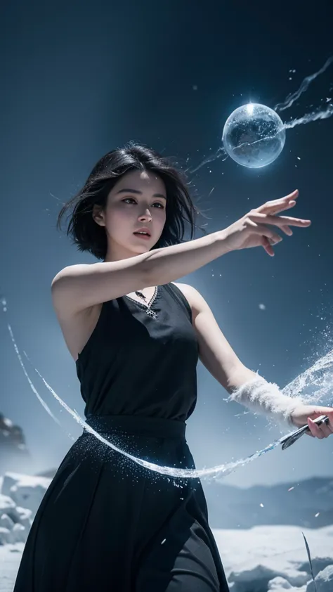 short black haired mystical looking woman casting magic in a battle in a frozen wasteland